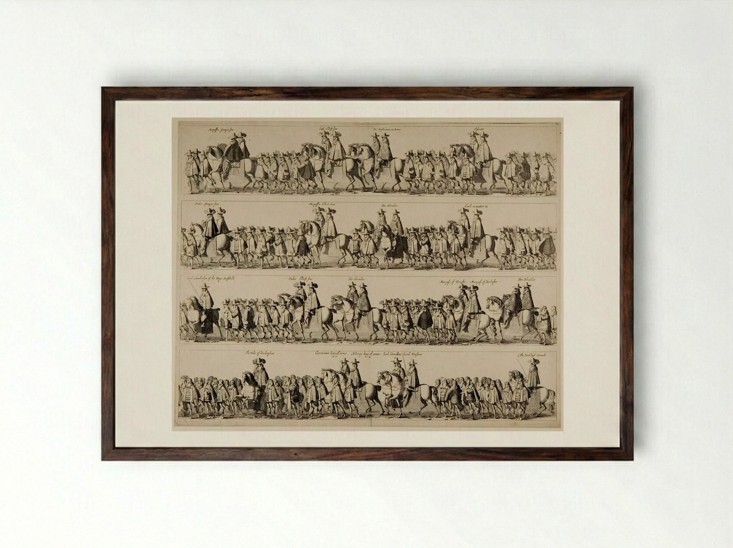 Coronation Procession of Charles II through London - Fine Art Print - Framed Print Dark Wood