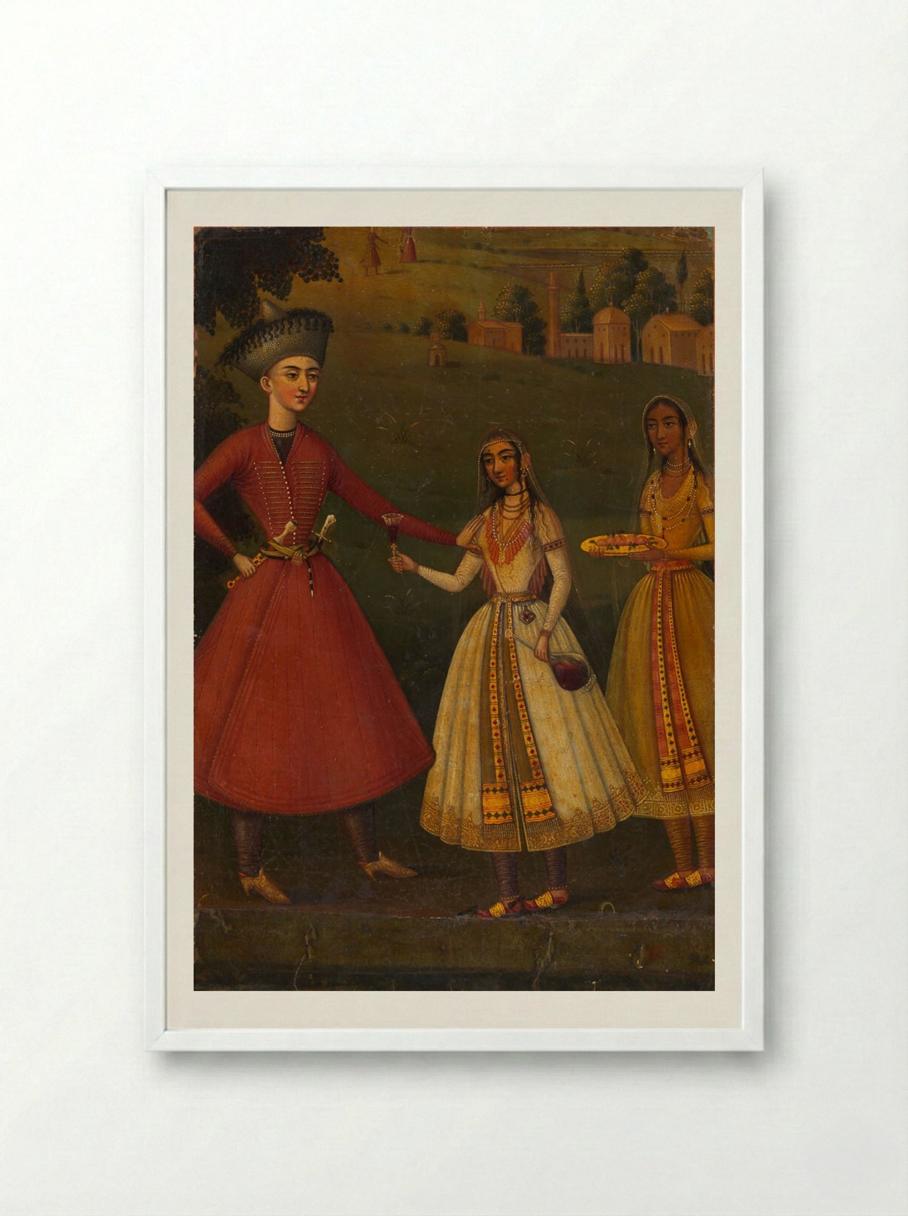 Courtier Refusing Wine from Indian Courtesans - Unknown Artist - Framed Print White