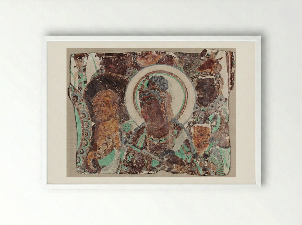 Bodhisattva Surrounded by a Monk and Devas - Unknown Artist - Framed Print White