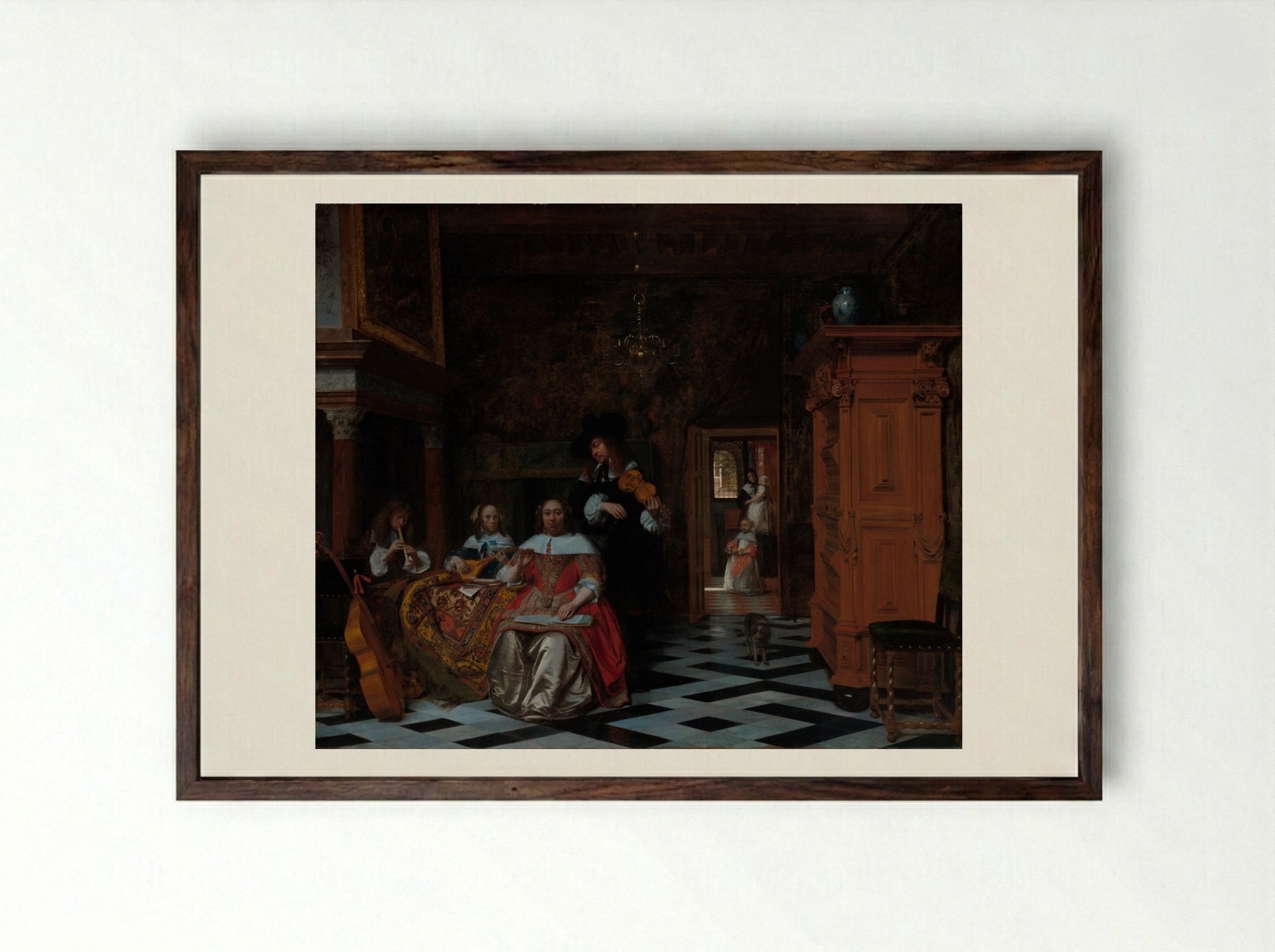 Portrait of a Family Playing Music - Pieter de Hooch - Framed Print Dark Wood