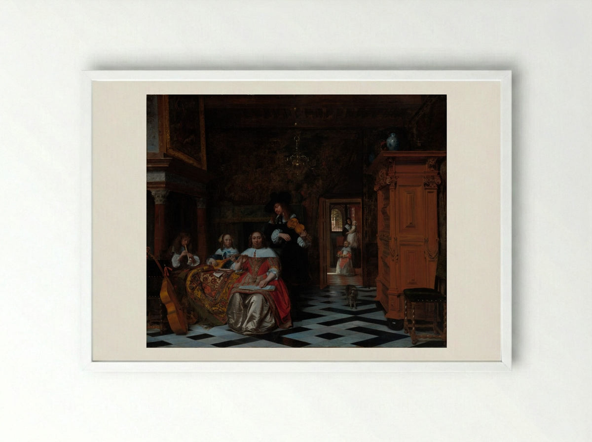 Portrait of a Family Playing Music - Pieter de Hooch - Framed Print White