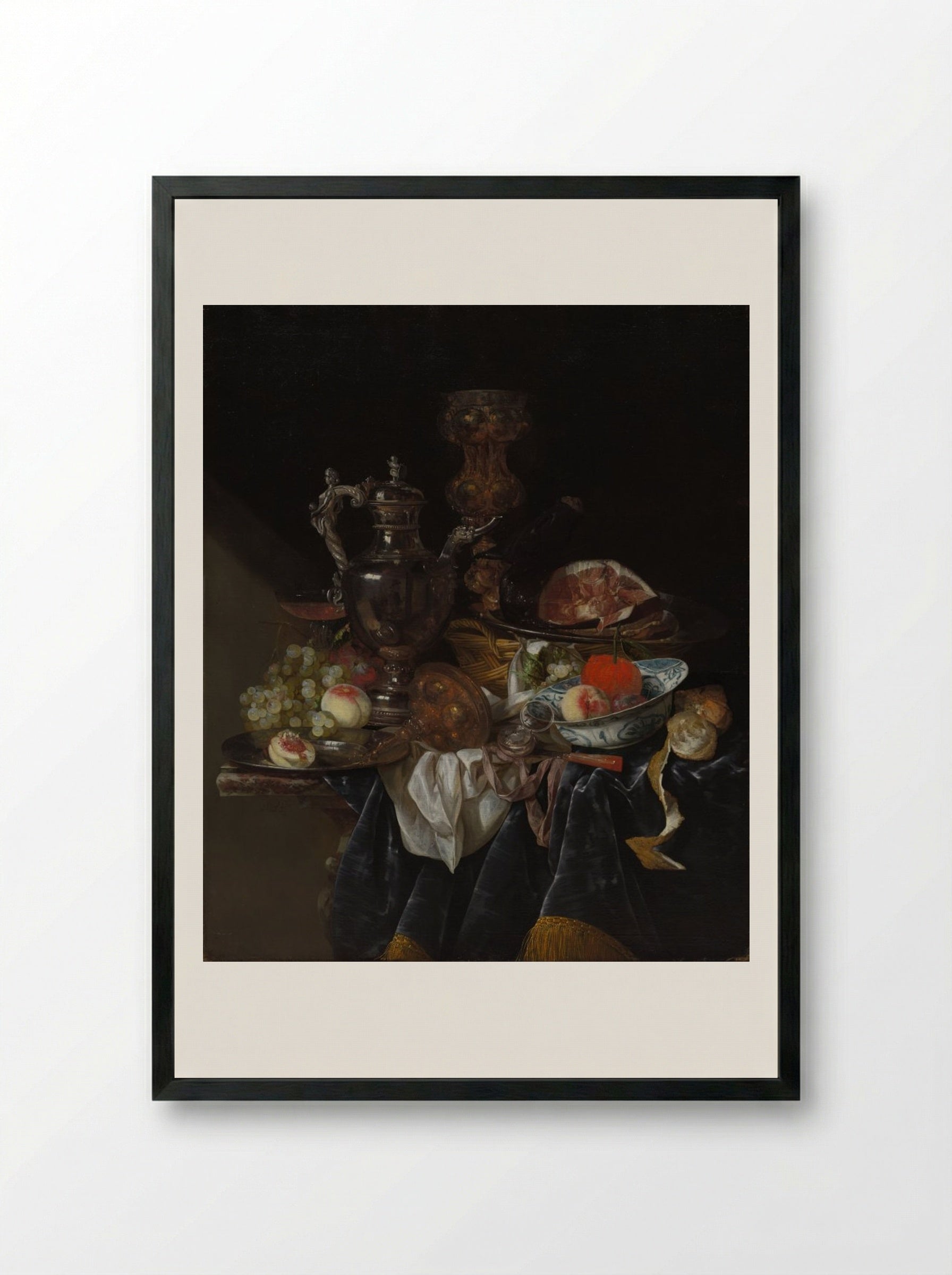 Silver Wine Jug, Ham, and Fruit - Abraham van Beyeren - Framed Print Black