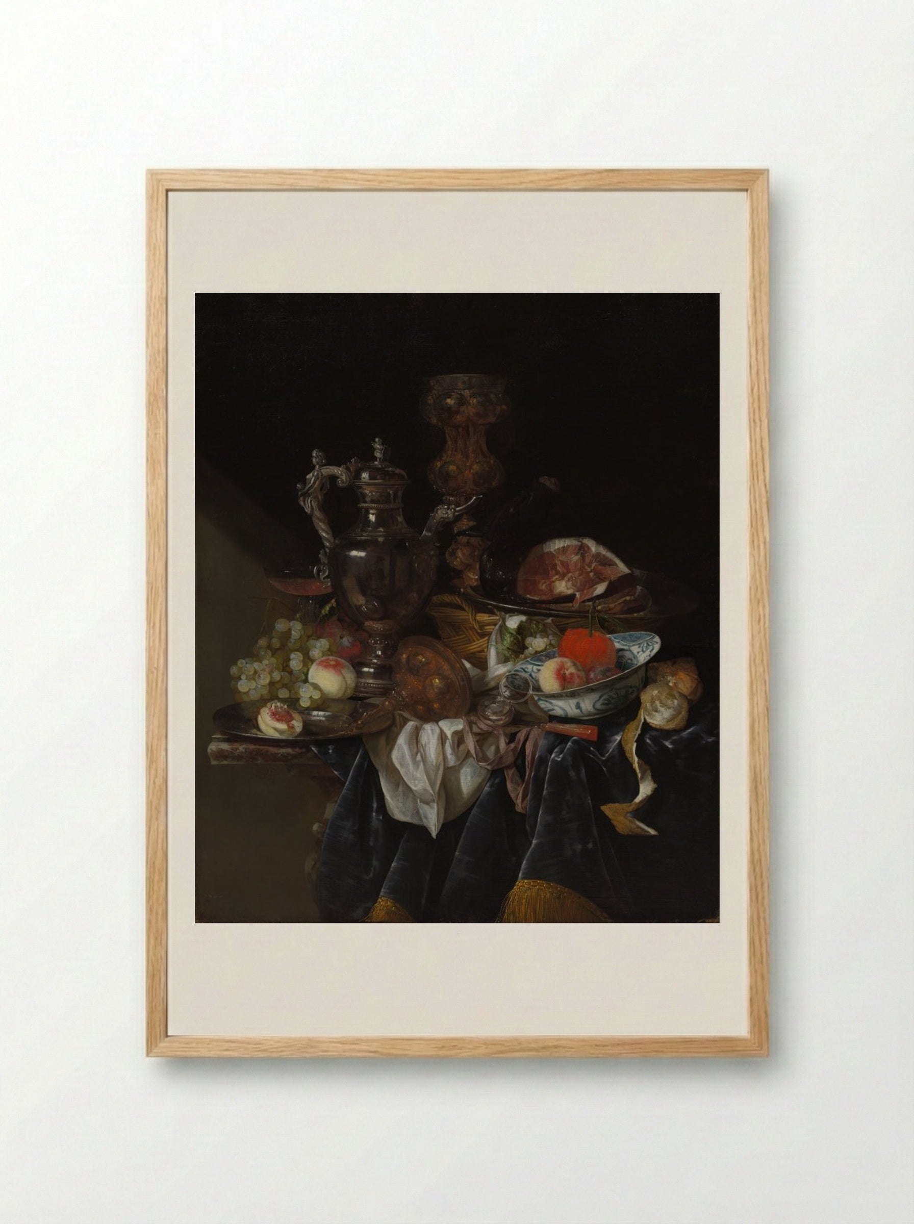 Silver Wine Jug, Ham, and Fruit - Abraham van Beyeren - Framed Print Wood