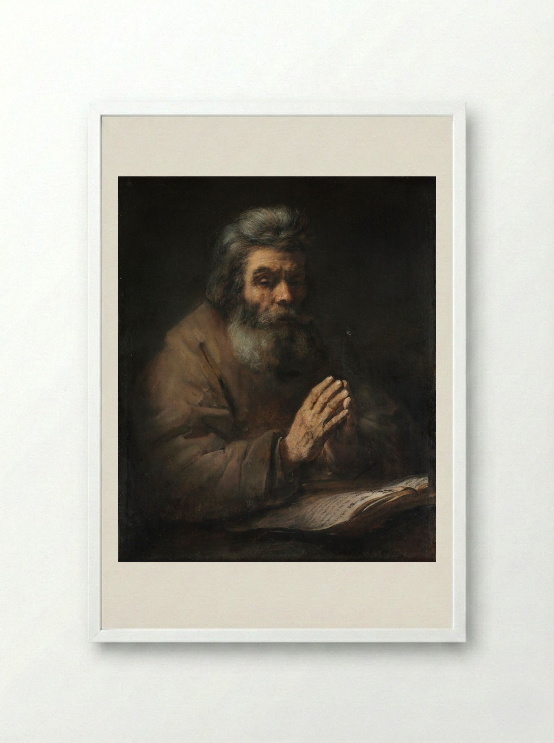 An Elderly Man in Prayer - Rembrandt van Rijn - Framed Print White