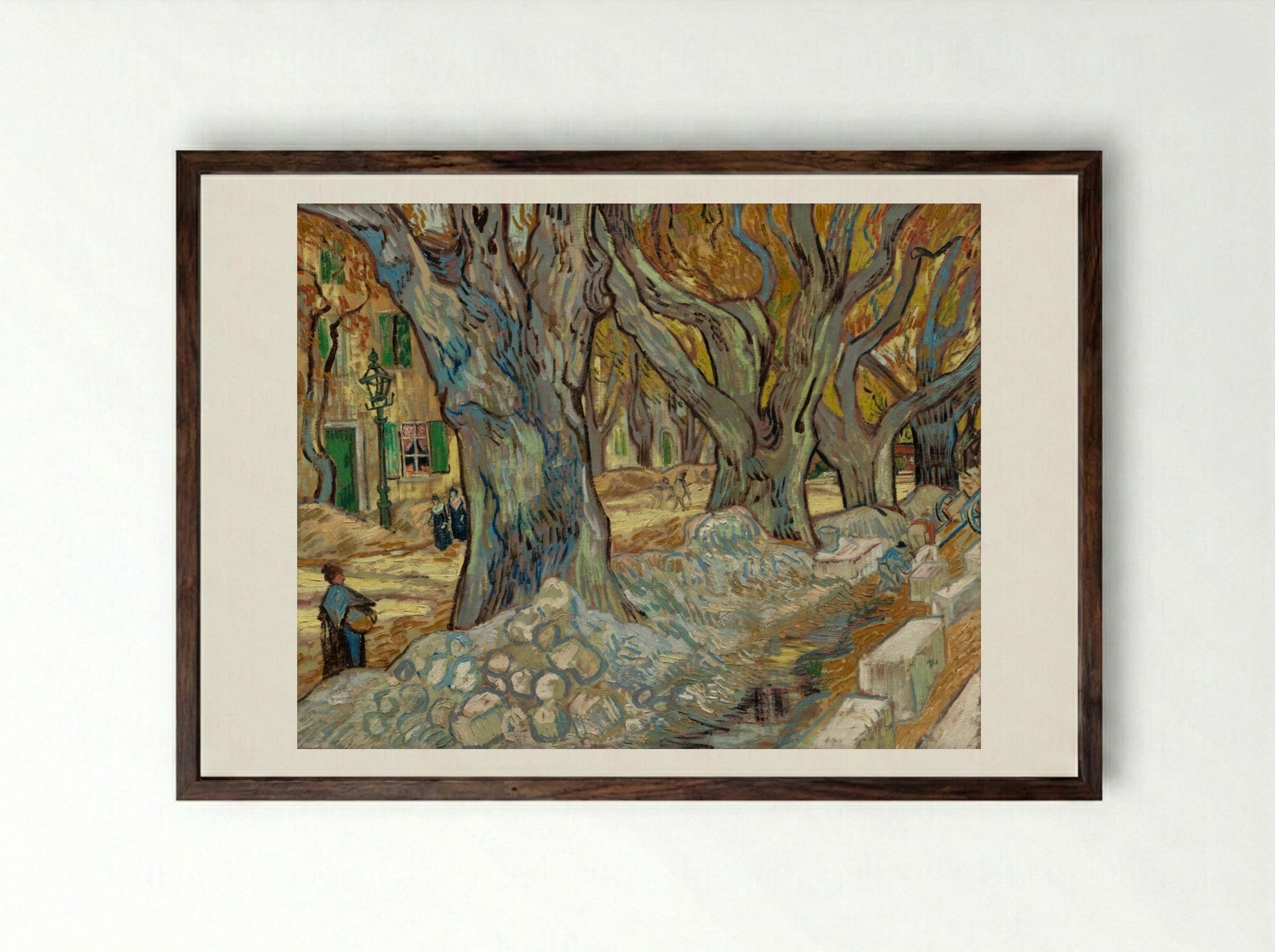 The Large Plane Trees (Road Menders at Saint-Rémy) - Vincent van Gogh - Framed Print Dark Wood