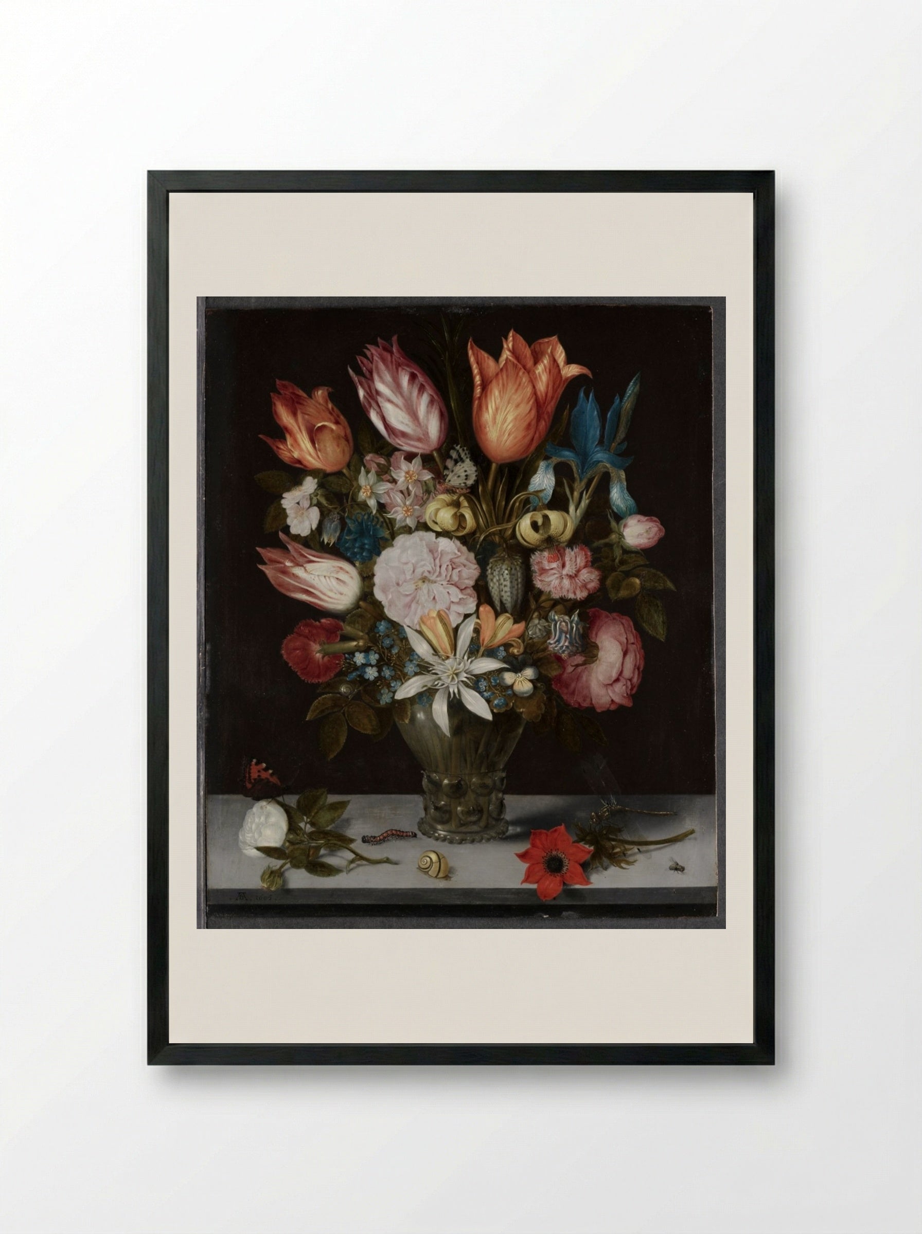 Flowers in a Glass - Ambrosius Bosschaert - Framed Print Black