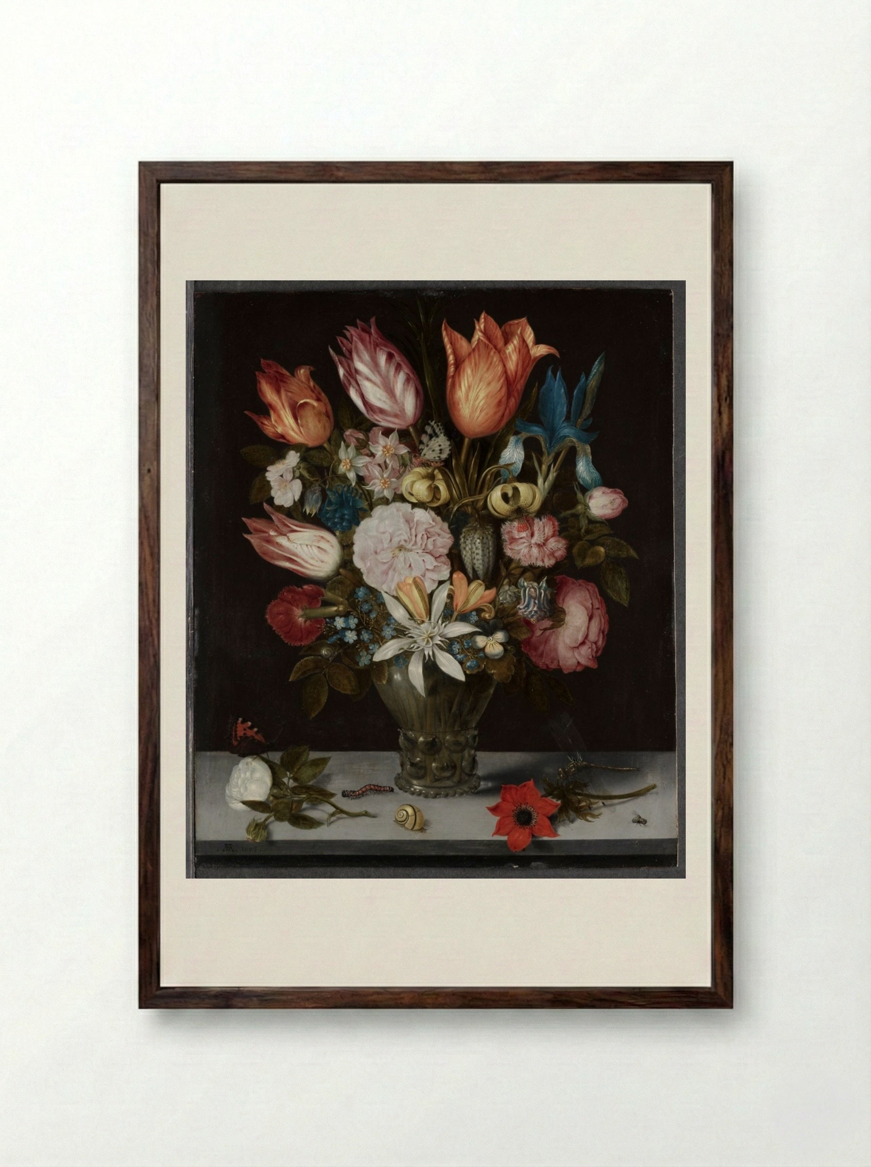 Flowers in a Glass - Ambrosius Bosschaert - Framed Print Dark Wood