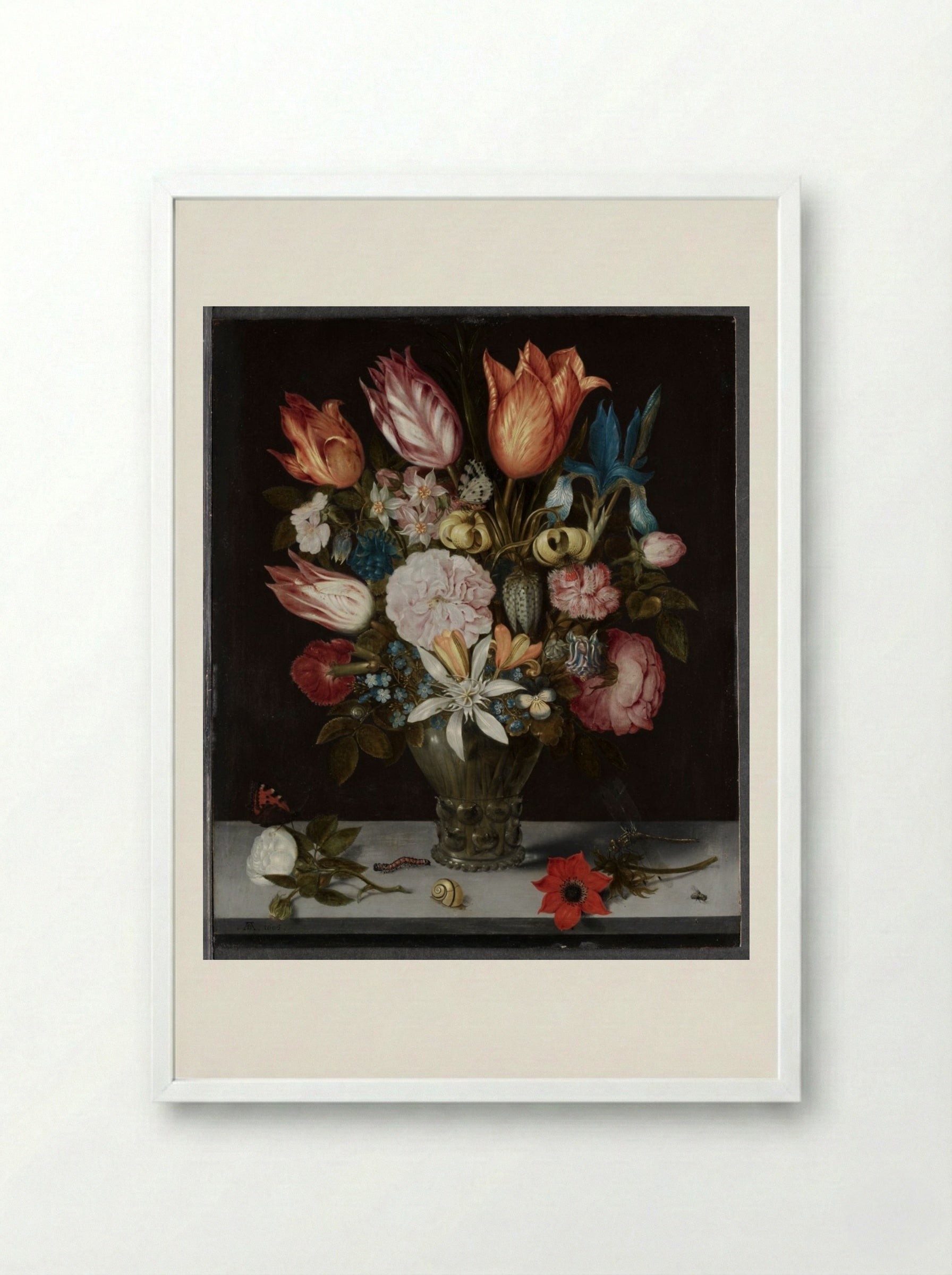 Flowers in a Glass - Ambrosius Bosschaert - Framed Print White