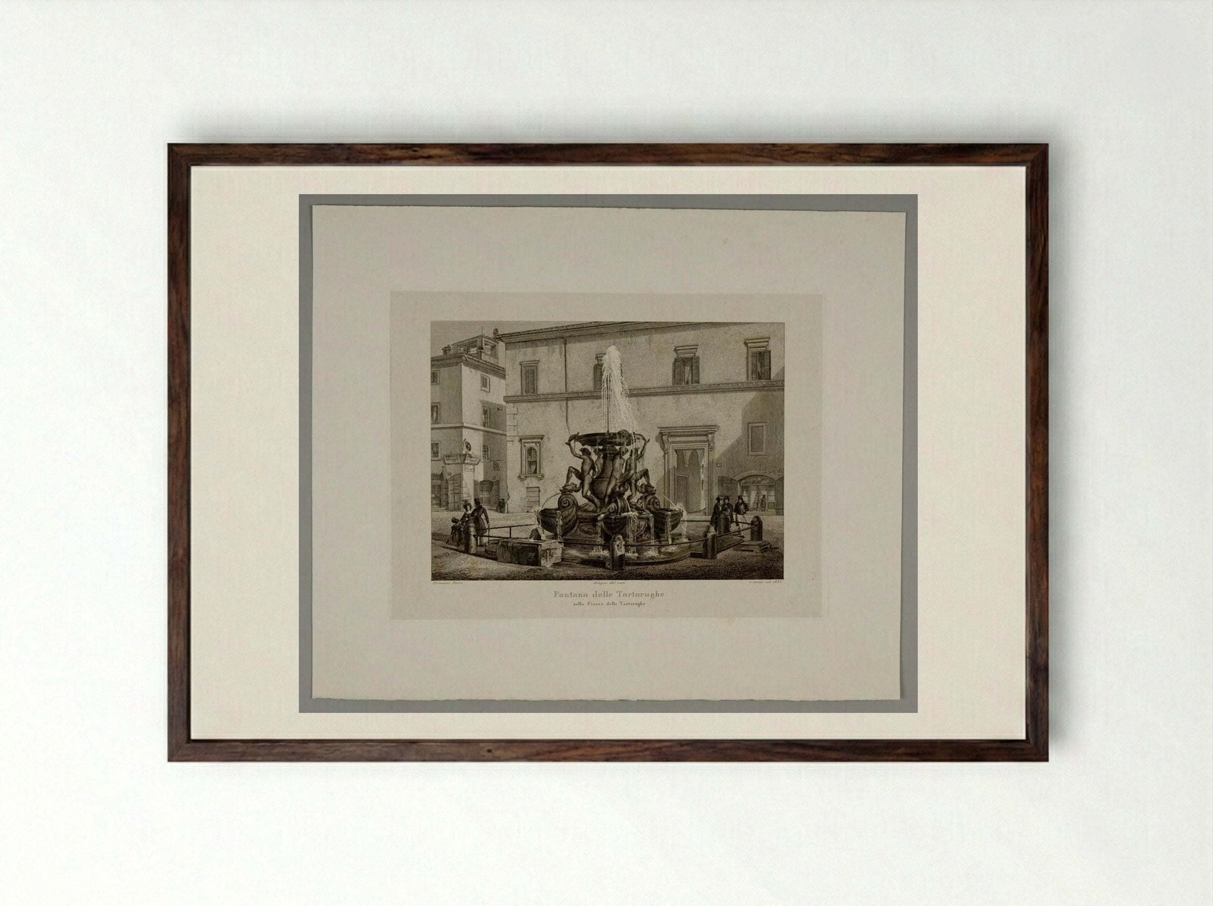Fountain of the Tortoises in the Piazza of the Tortoises - Domenico Amici - Framed Print Dark Wood