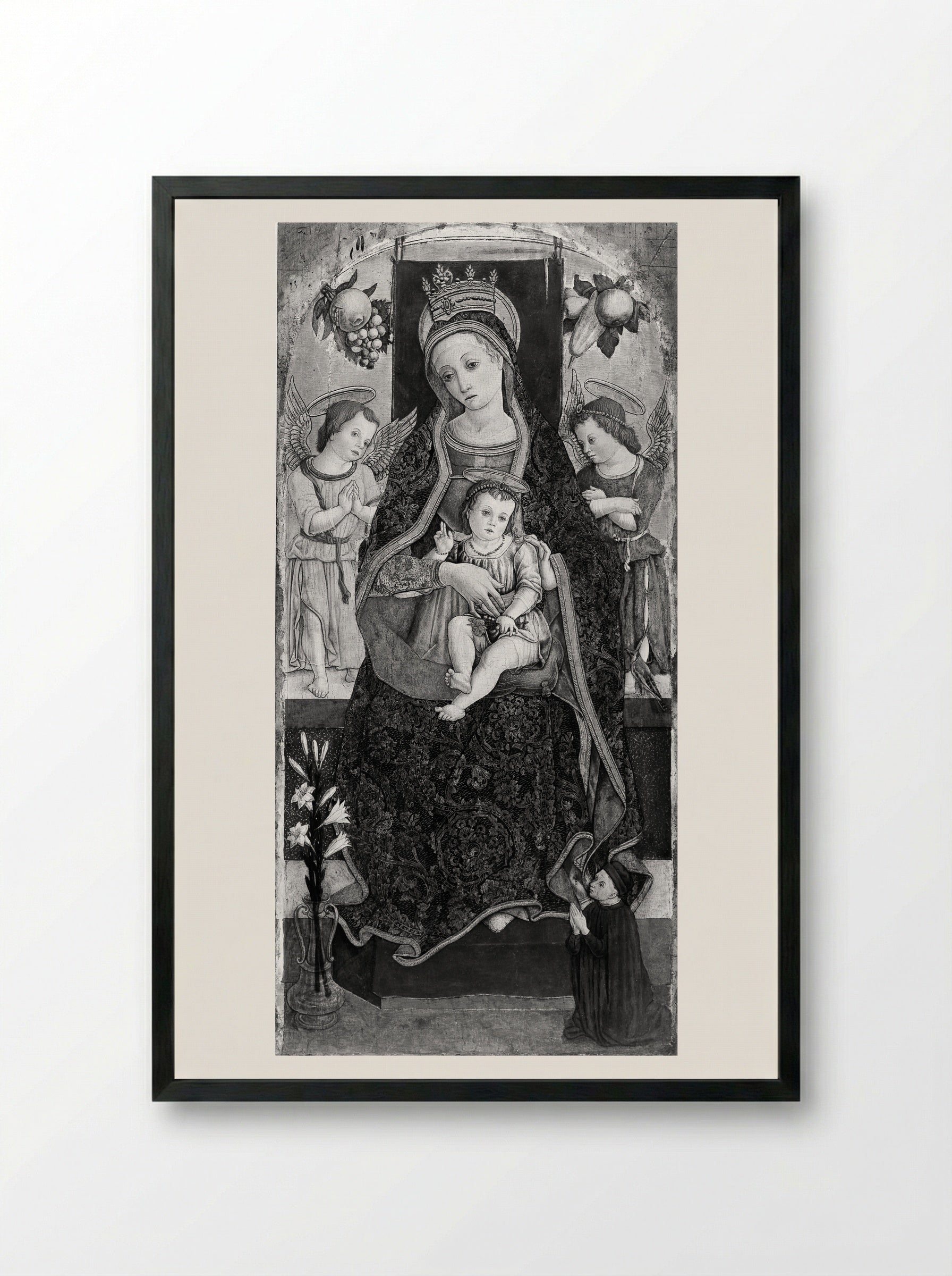 Madonna and Child Enthroned with Two Angels and a Donor - Vittore Crivelli - Framed Print Black