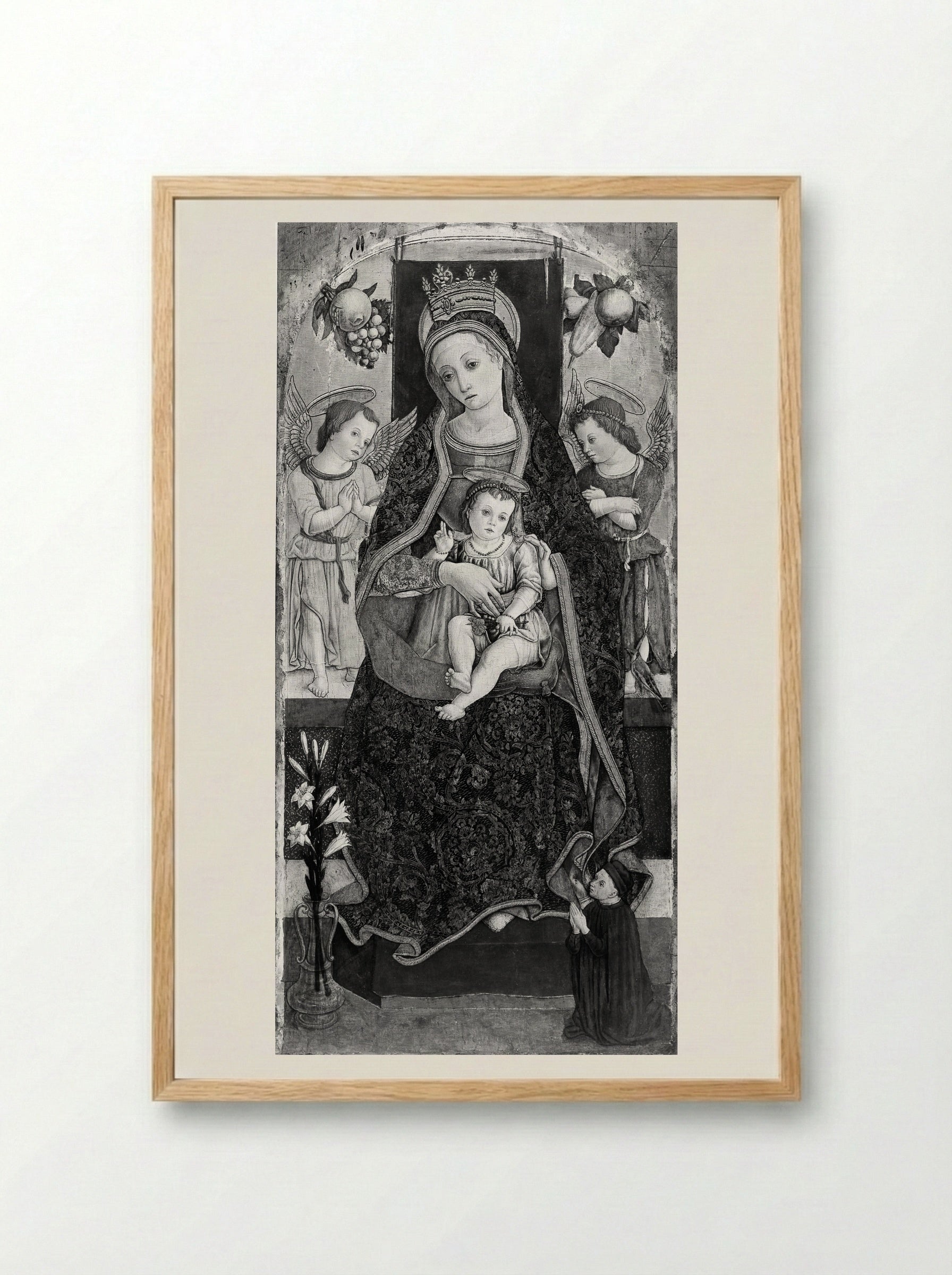 Madonna and Child Enthroned with Two Angels and a Donor - Vittore Crivelli - Framed Print Wood