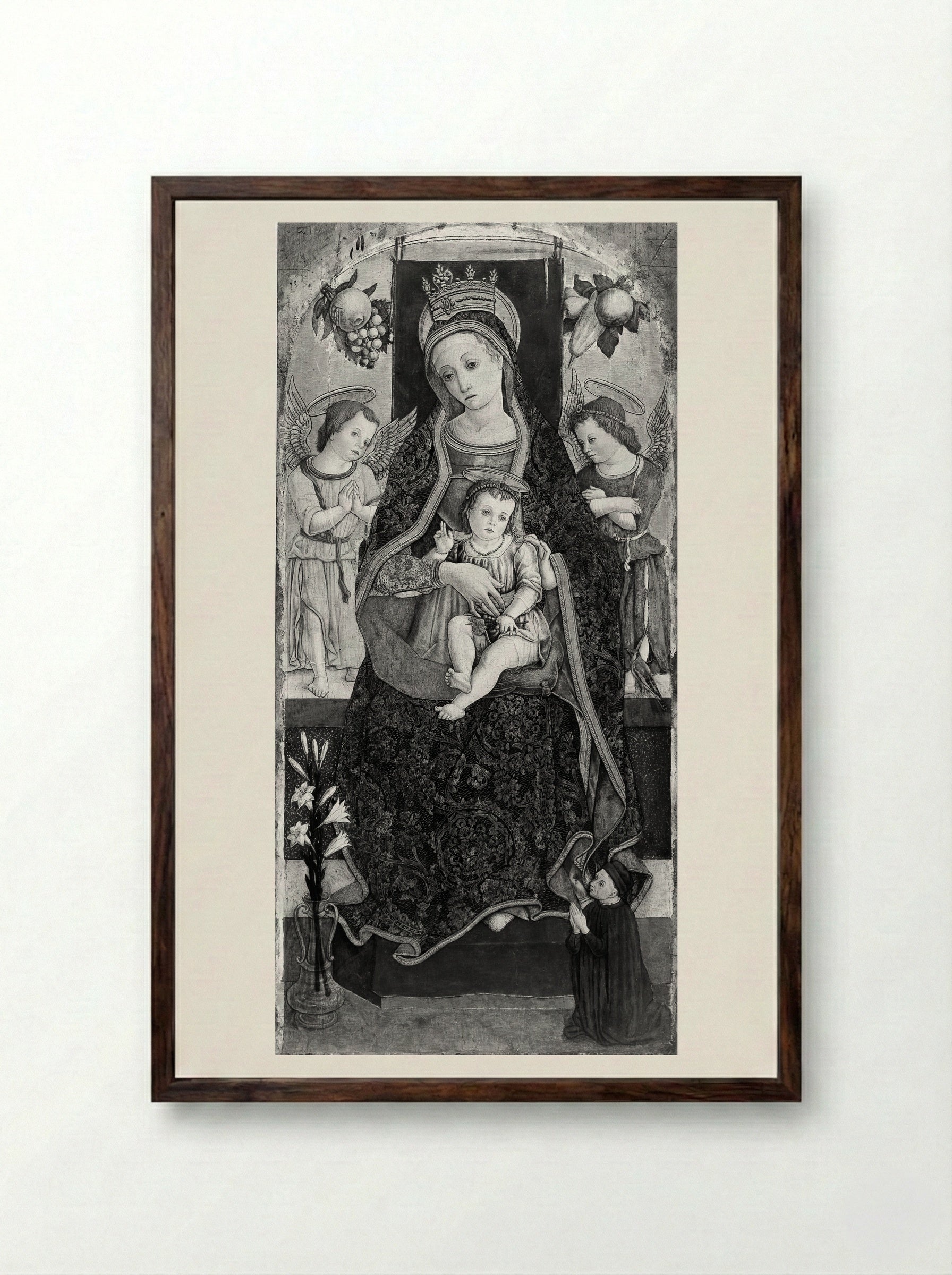 Madonna and Child Enthroned with Two Angels and a Donor - Vittore Crivelli - Framed Print Dark Wood