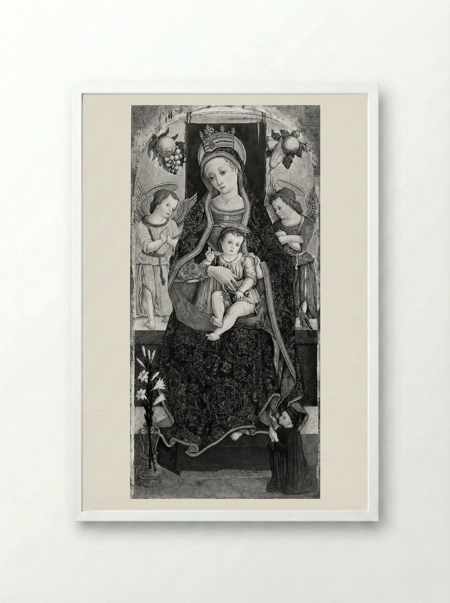 Madonna and Child Enthroned with Two Angels and a Donor - Vittore Crivelli - Framed Print White