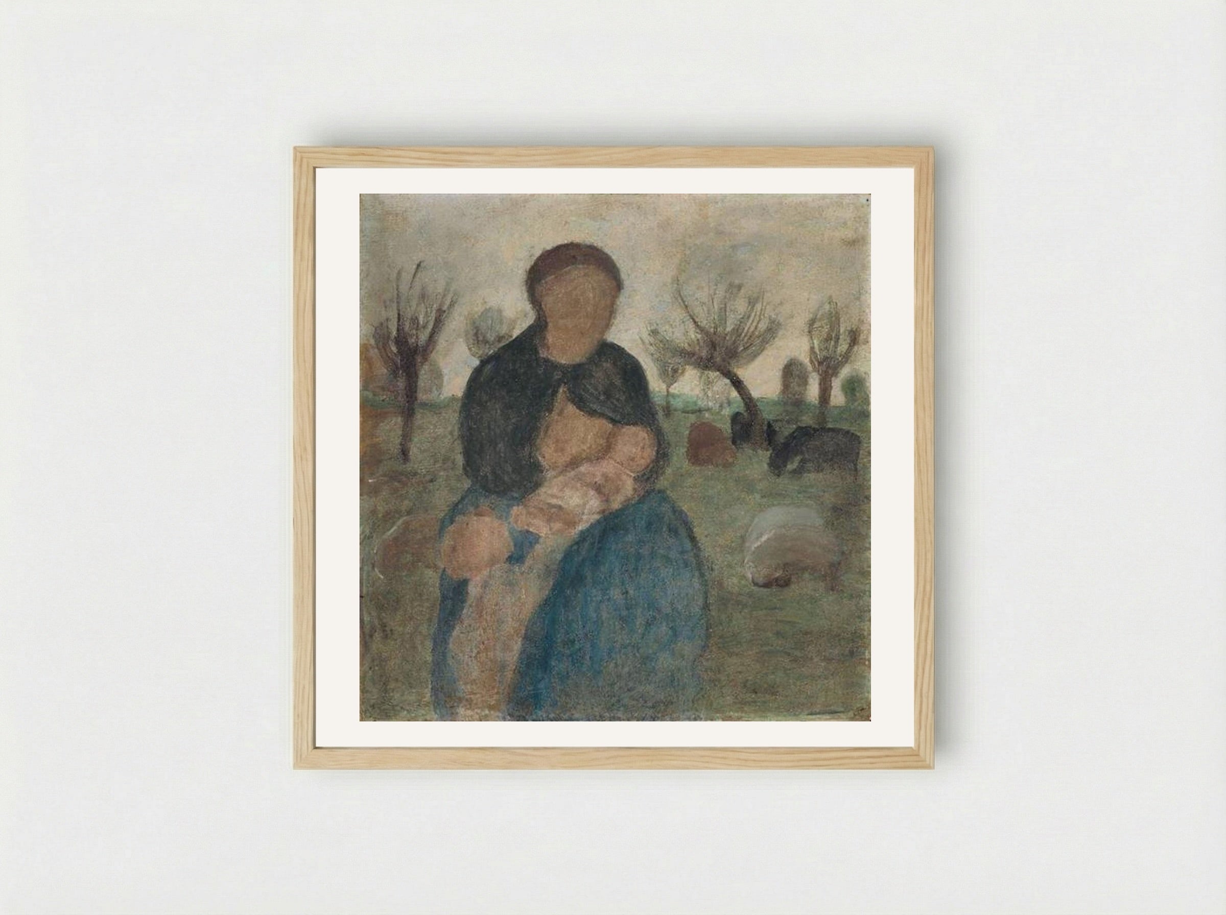 Mother with baby at her breast, and child in landscape - Paula Modersohn-Becker - Framed Print Wood