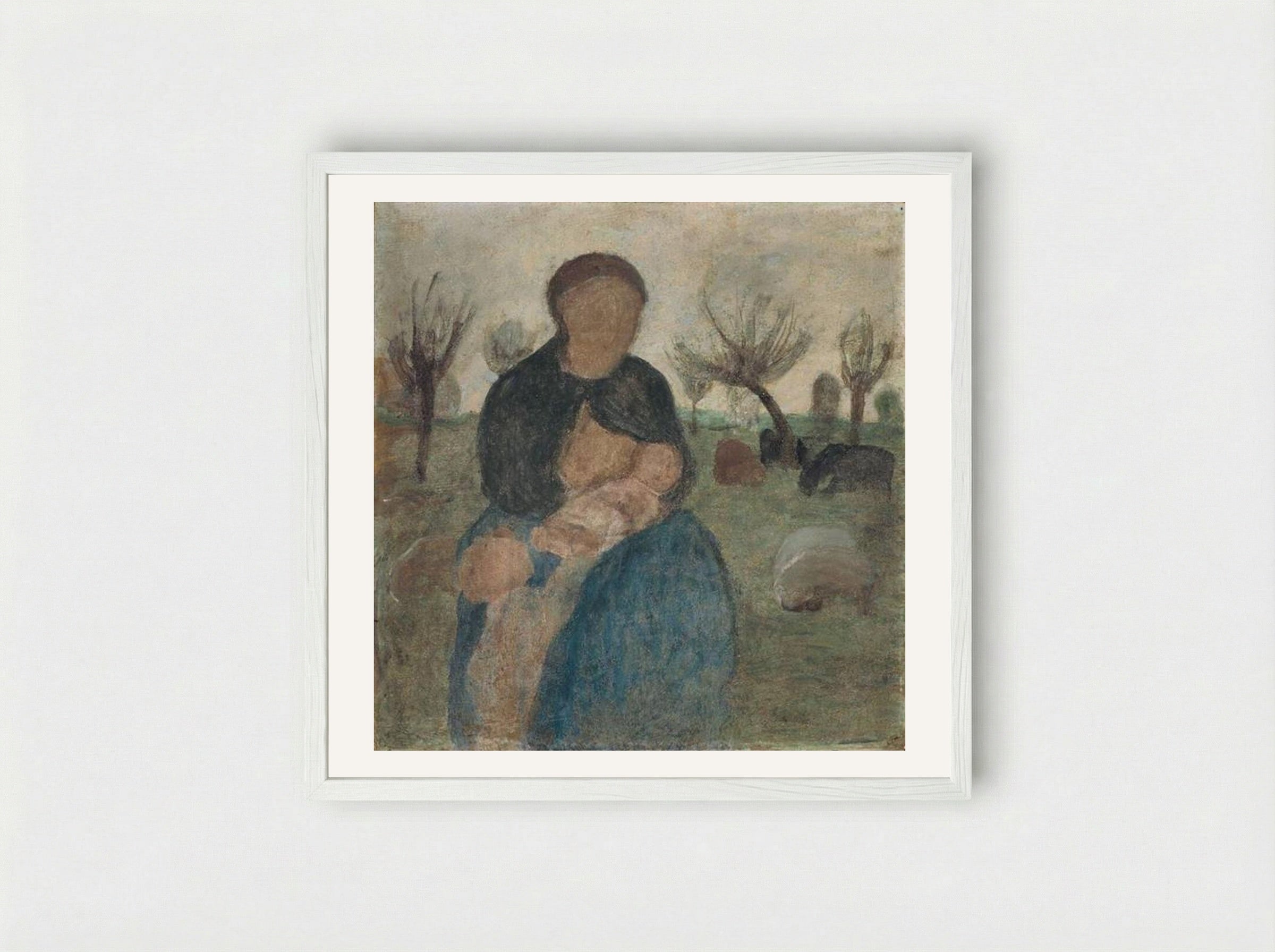Mother with baby at her breast, and child in landscape - Paula Modersohn-Becker - Framed Print White