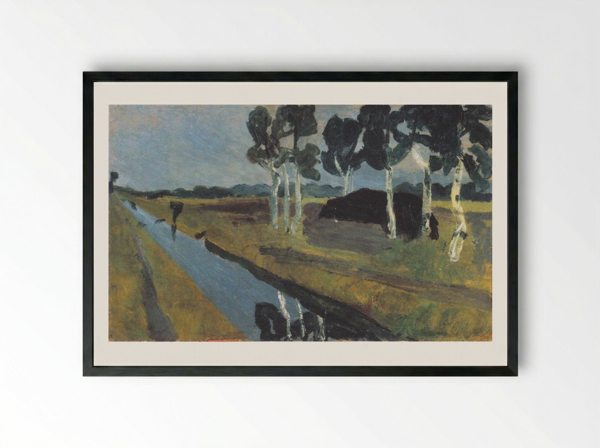 Gray landscape with marsh channel - Paula Modersohn-Becker - Framed Print Black