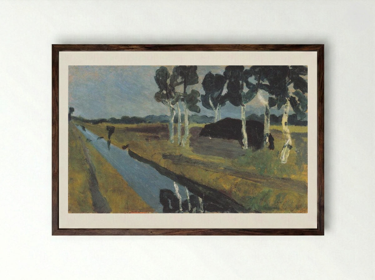 Gray landscape with marsh channel - Paula Modersohn-Becker - Framed Print Dark Wood
