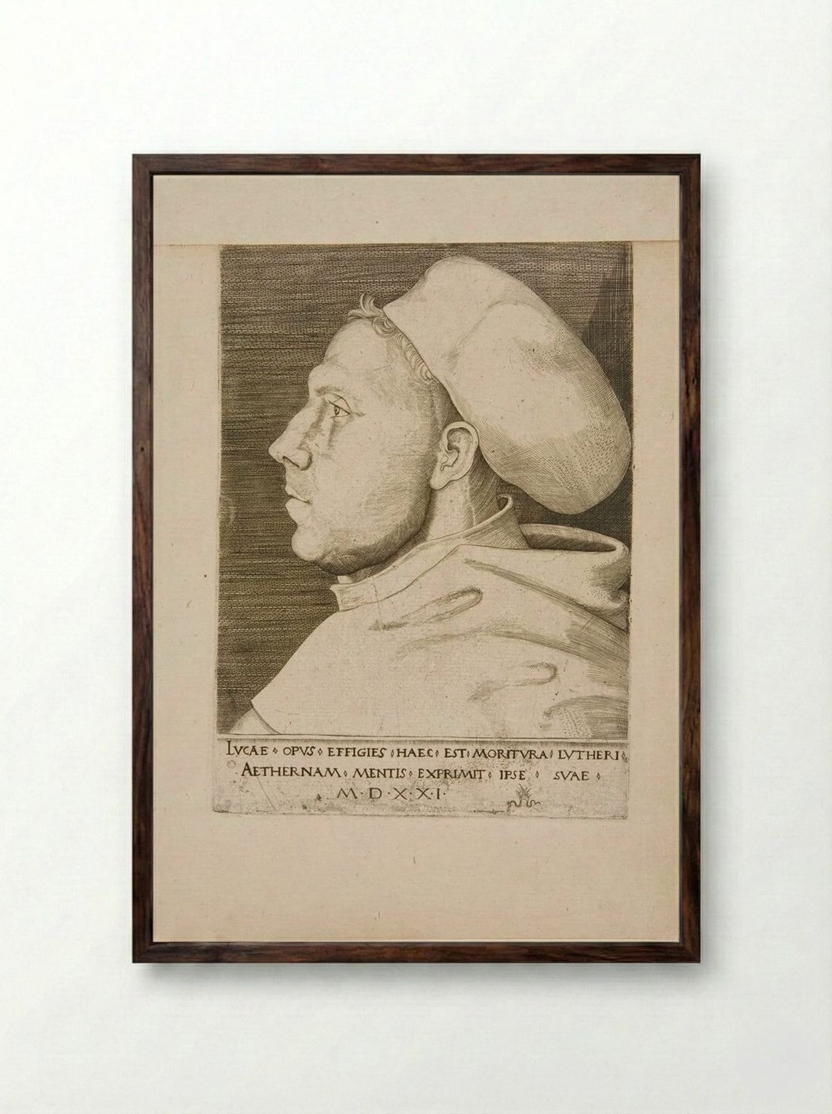Martin Luther as an Augustinian Friar, with Cap - Lucas Cranach the Elder - Framed Print Dark Wood