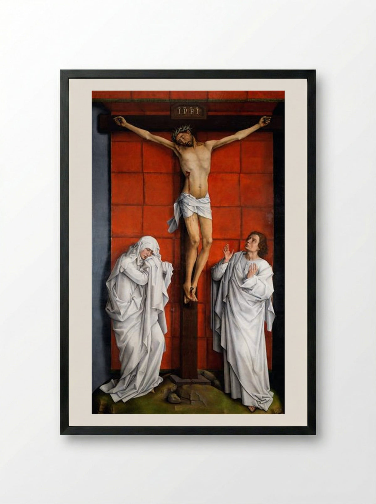 Crucifixion with the Virgin and Saint John the Evangelist - Rogier van der Weyden - Framed Print Black