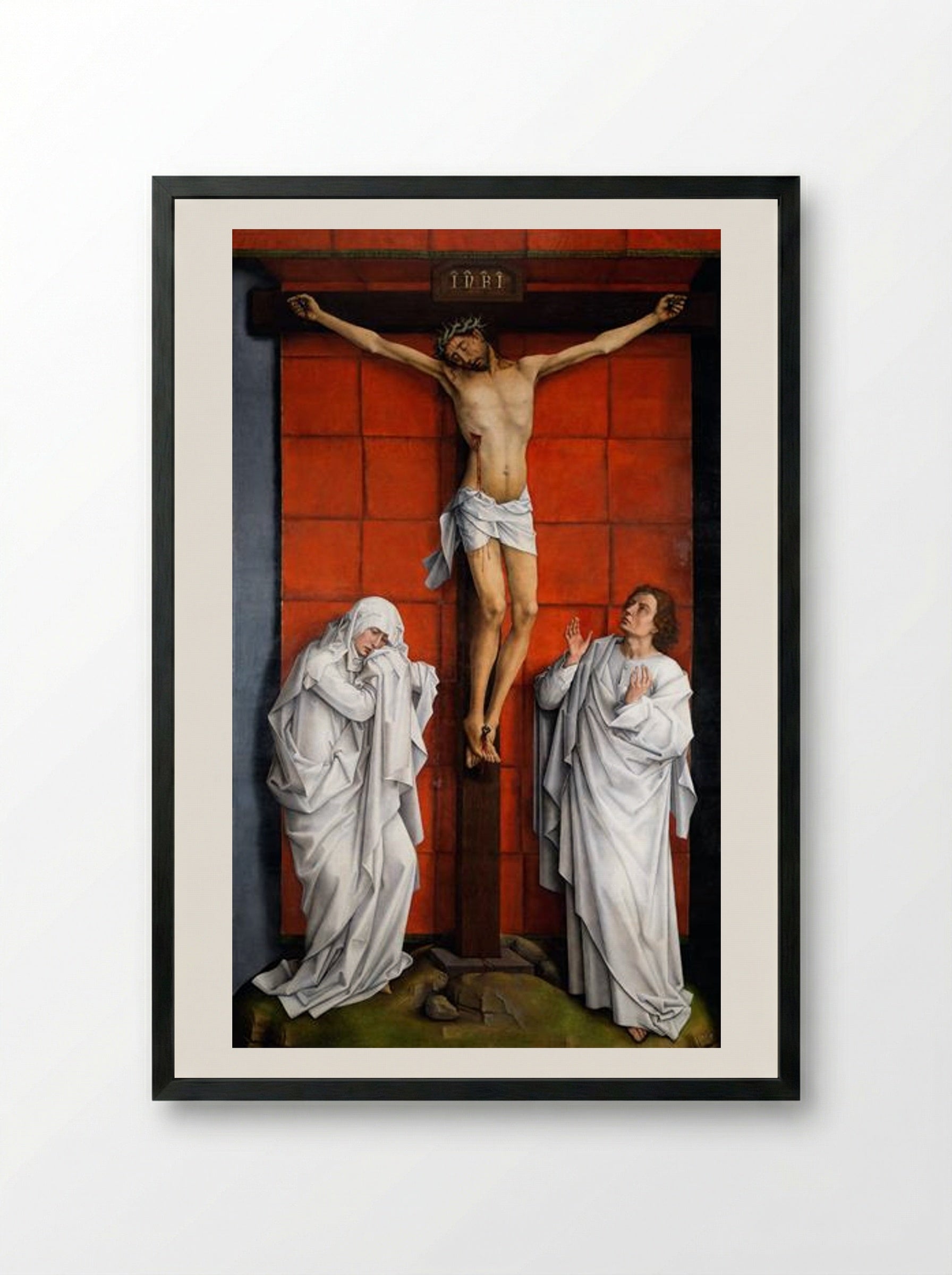 Crucifixion with the Virgin and Saint John the Evangelist - Rogier van der Weyden - Framed Print Black