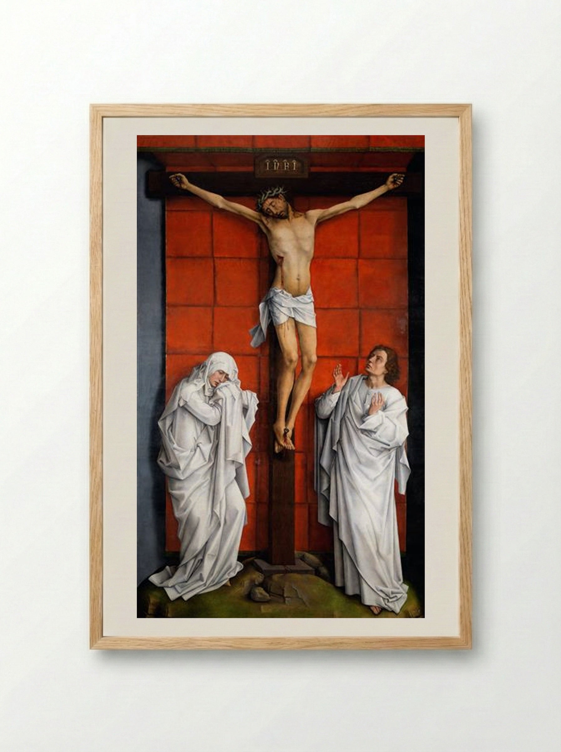 Crucifixion with the Virgin and Saint John the Evangelist - Rogier van der Weyden - Framed Print Wood