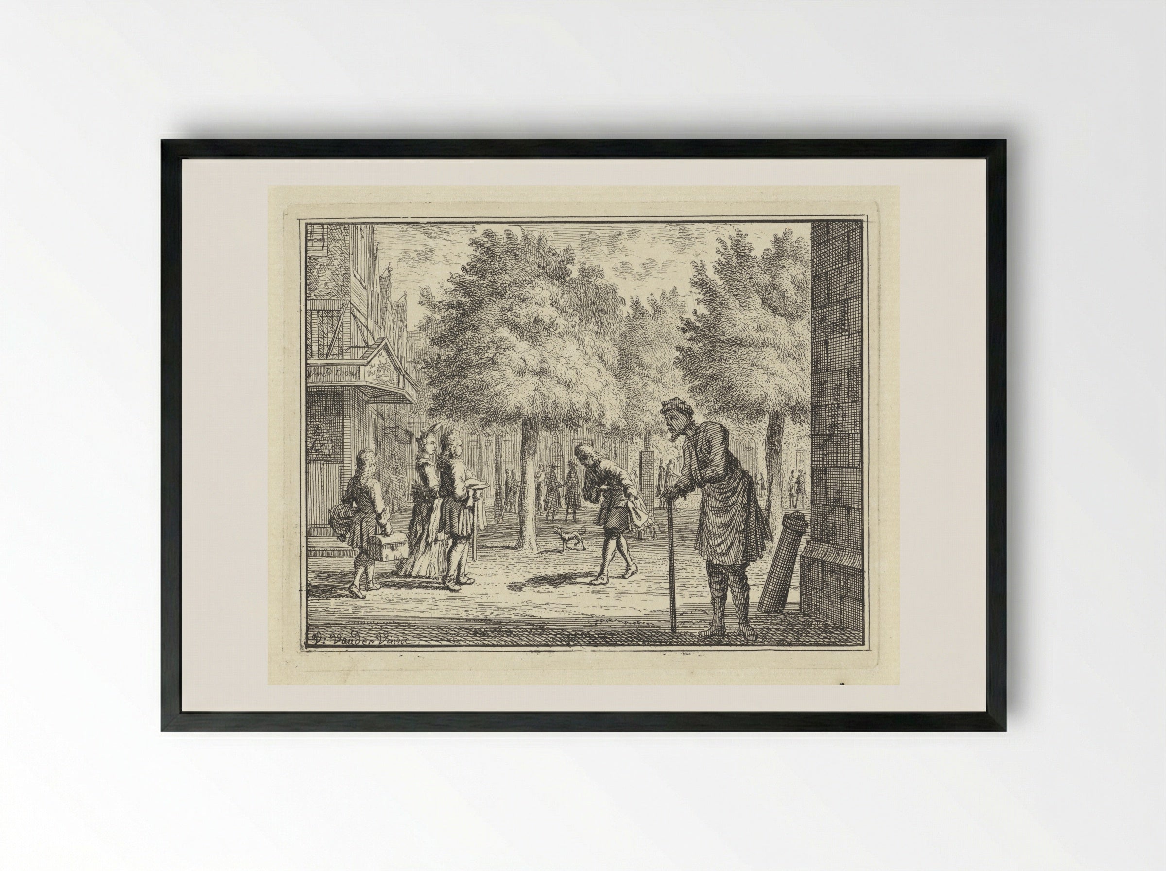 Arme man kijkt naar rijke figuren in een straat - Vincent Laurensz. van der Vinne (II) - Framed Print Black