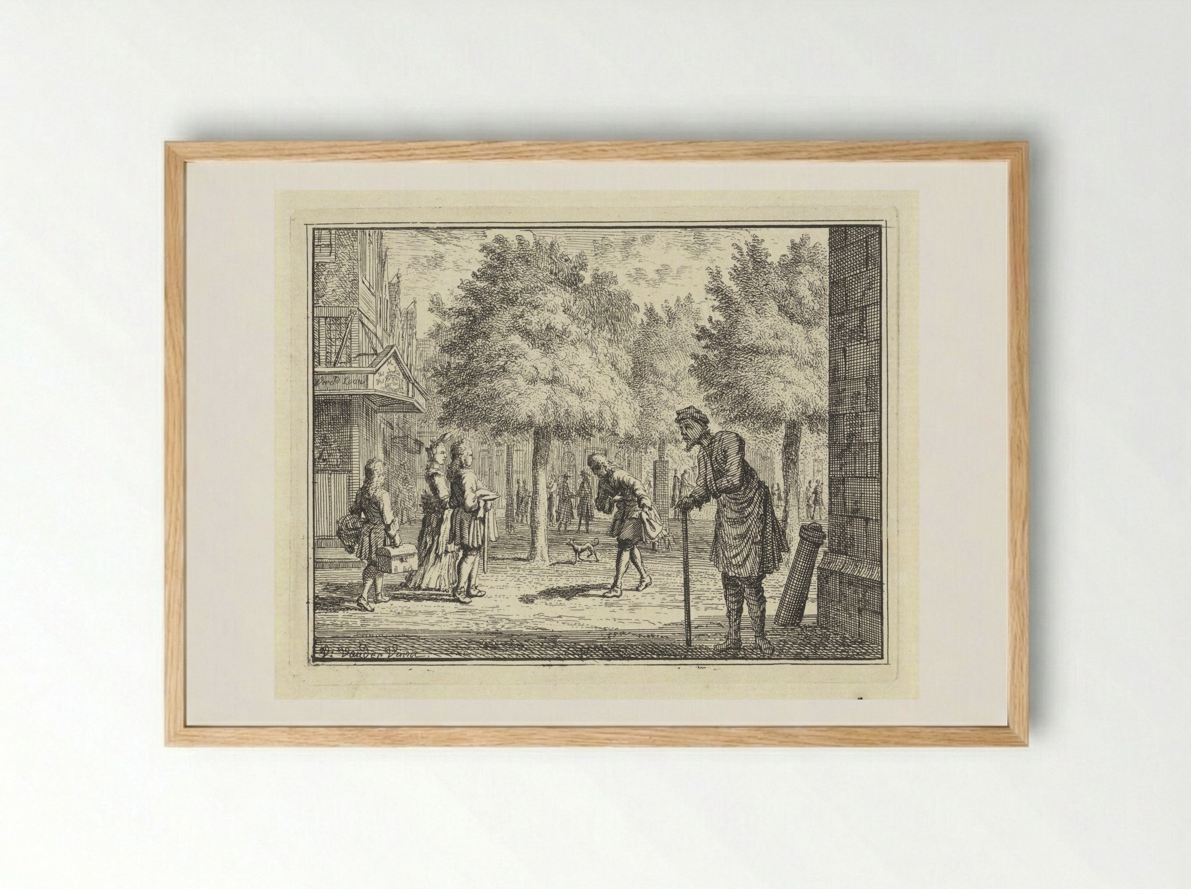 Arme man kijkt naar rijke figuren in een straat - Vincent Laurensz. van der Vinne (II) - Framed Print Wood