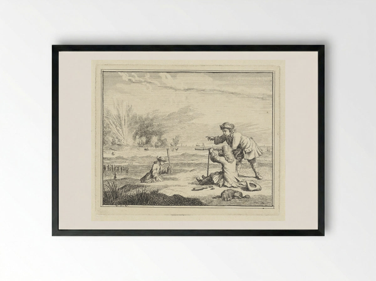 Figuren met een verrekijker slaan een zeeslag gade - Vincent Laurensz. van der Vinne (II) - Framed Print Black