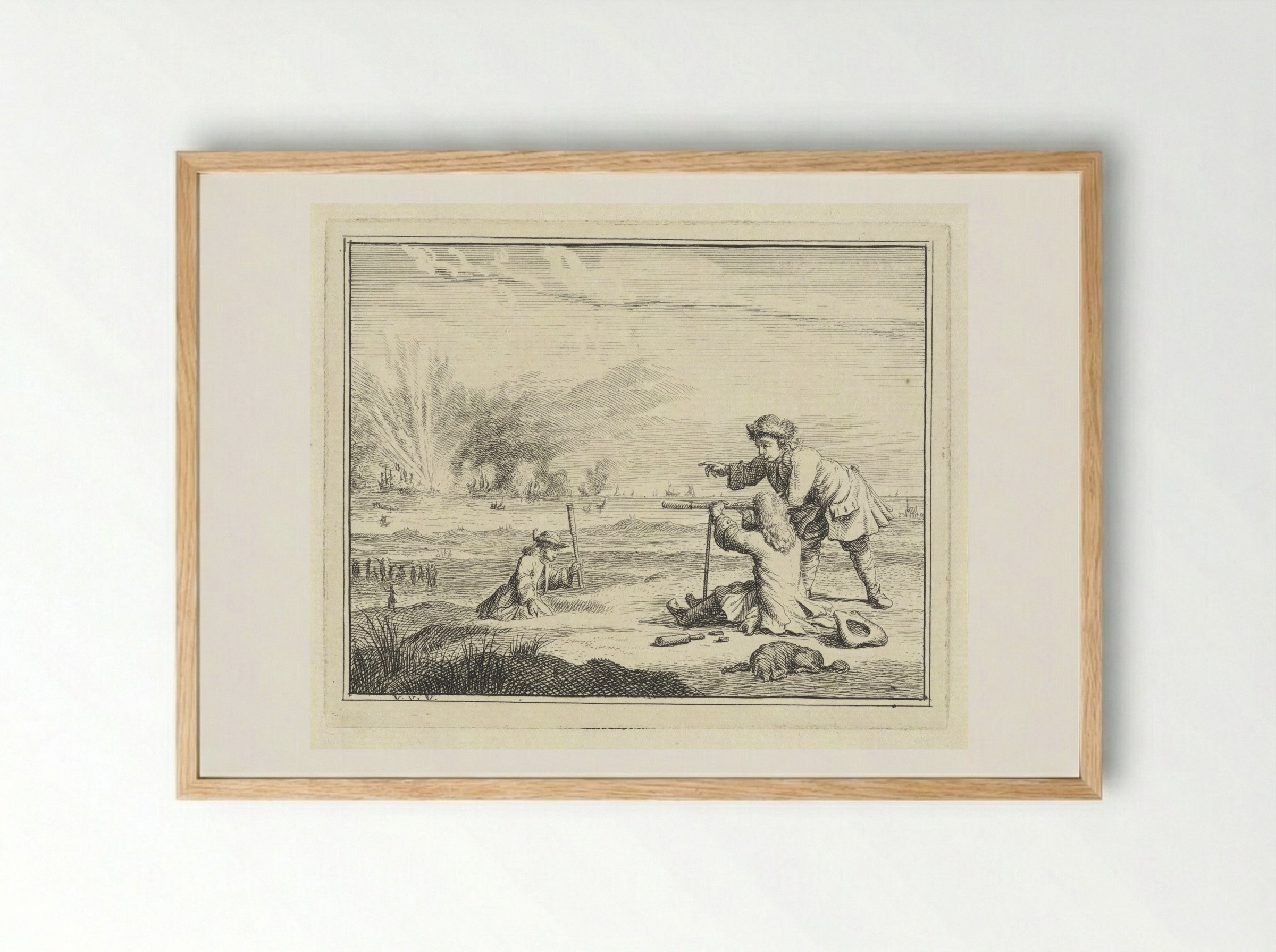 Figuren met een verrekijker slaan een zeeslag gade - Vincent Laurensz. van der Vinne (II) - Framed Print Wood