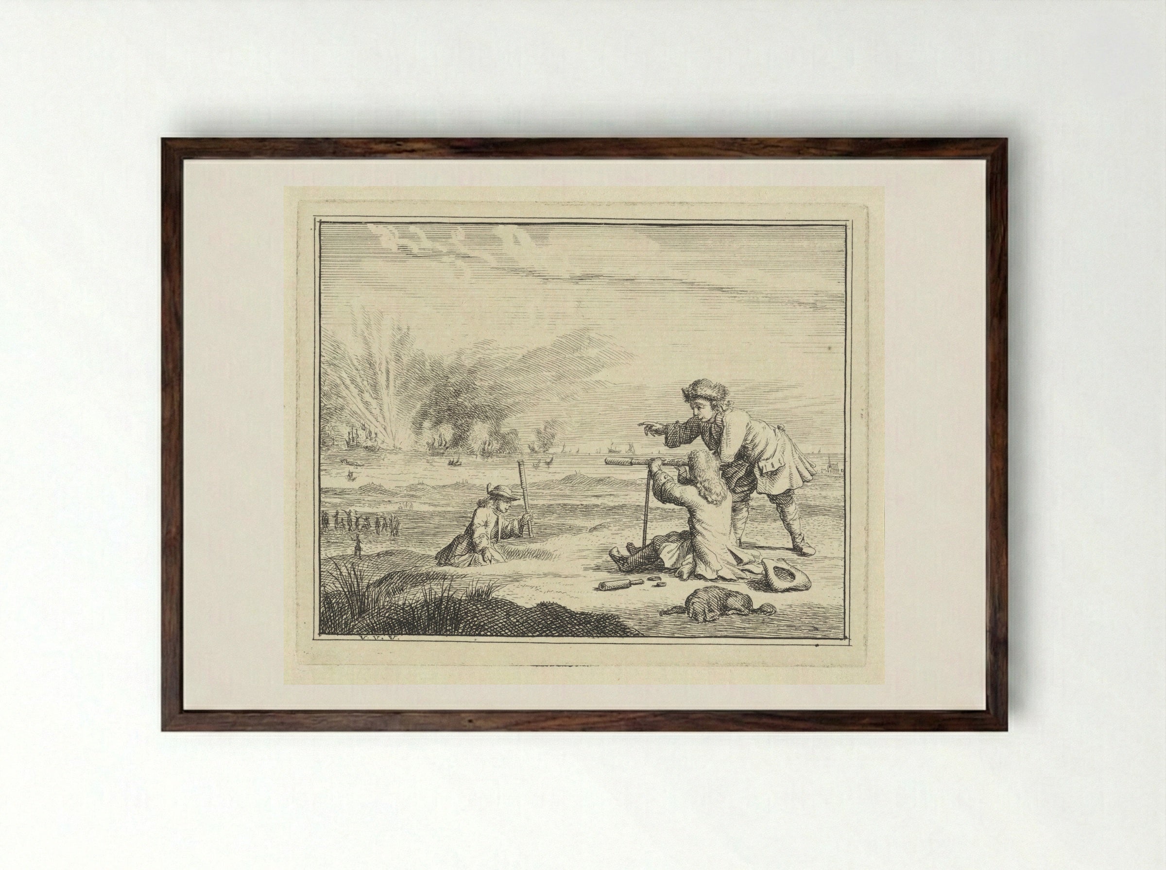 Figuren met een verrekijker slaan een zeeslag gade - Vincent Laurensz. van der Vinne (II) - Framed Print Dark Wood