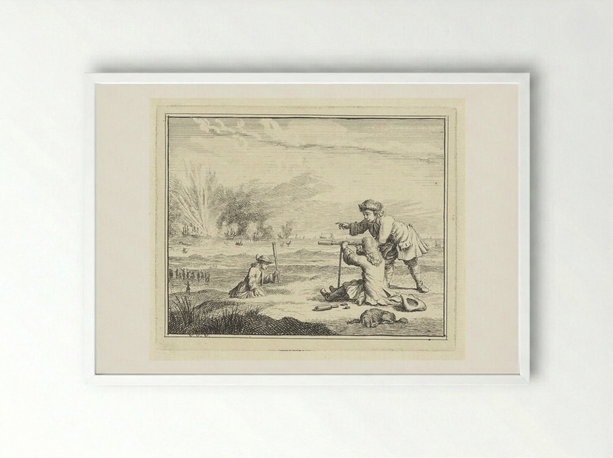 Figuren met een verrekijker slaan een zeeslag gade - Vincent Laurensz. van der Vinne (II) - Framed Print White