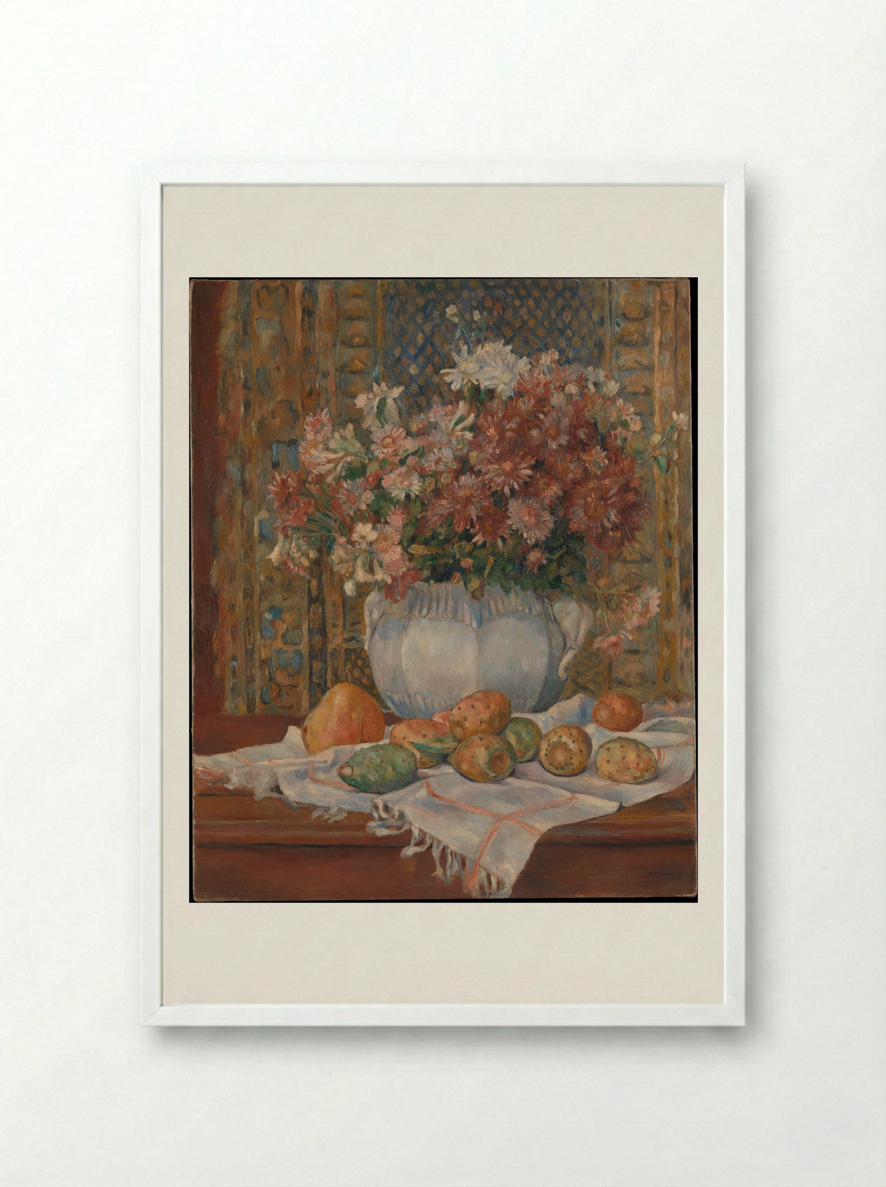 Still Life with Flowers and Prickly Pears - Auguste Renoir - Framed Print White