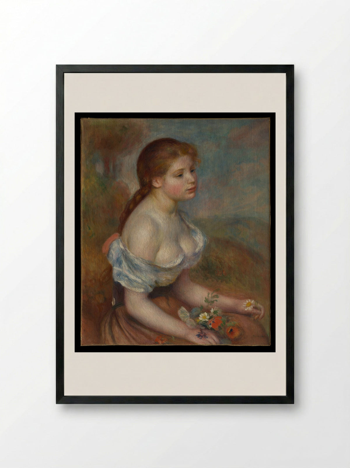 A Young Girl with Daisies - Auguste Renoir - Framed Print Black