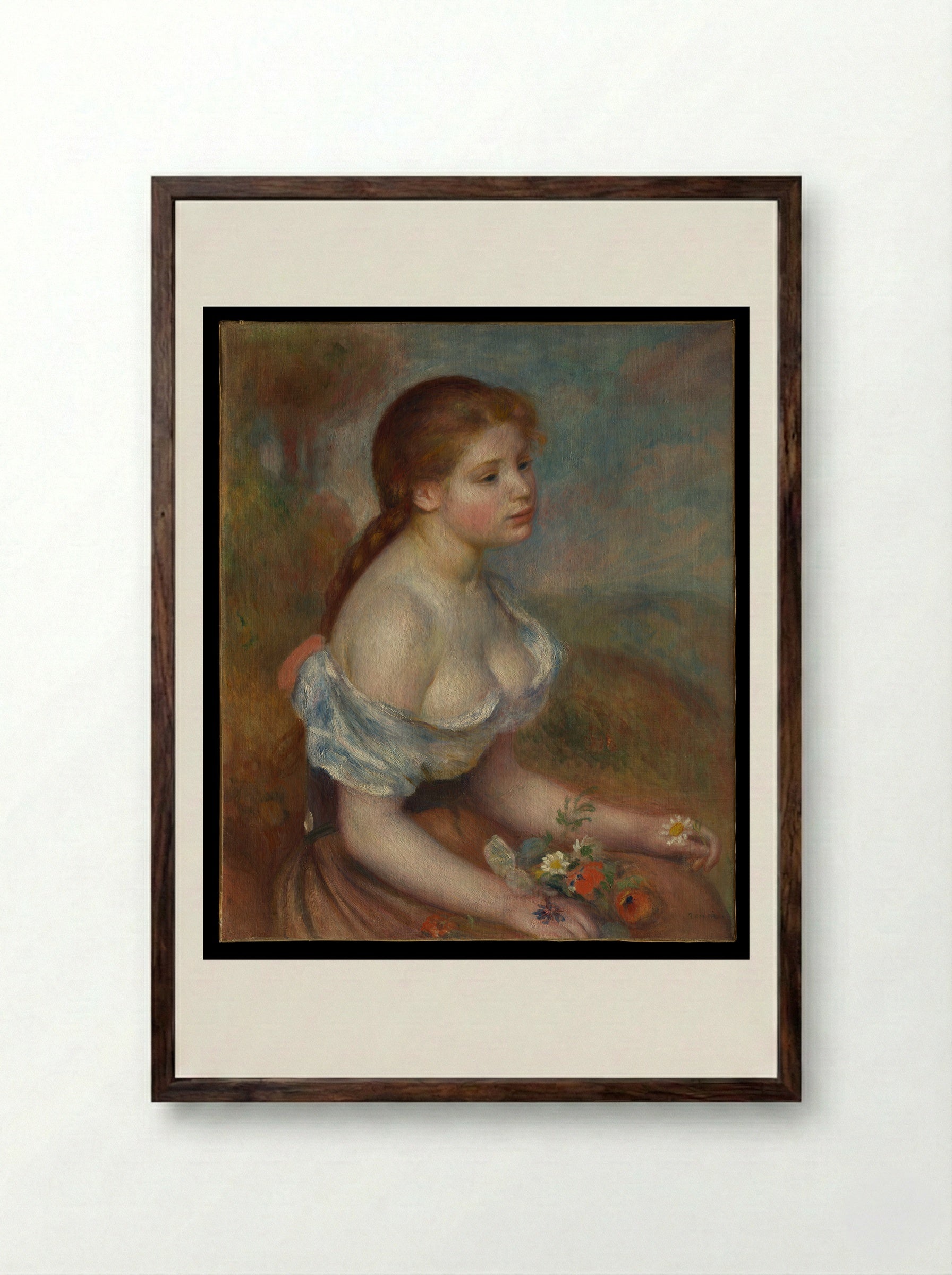 A Young Girl with Daisies - Auguste Renoir - Framed Print Dark Wood
