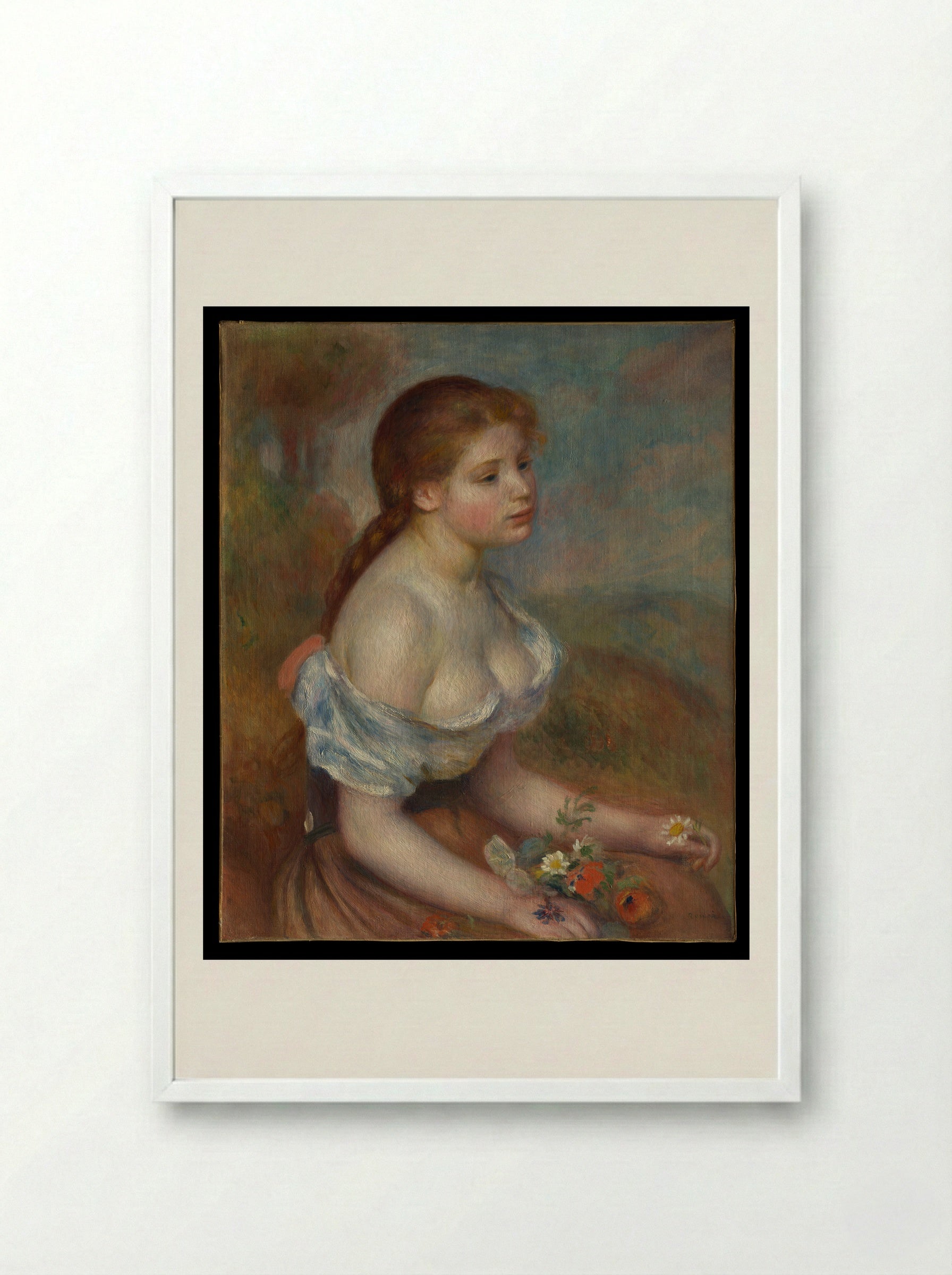 A Young Girl with Daisies - Auguste Renoir - Framed Print White