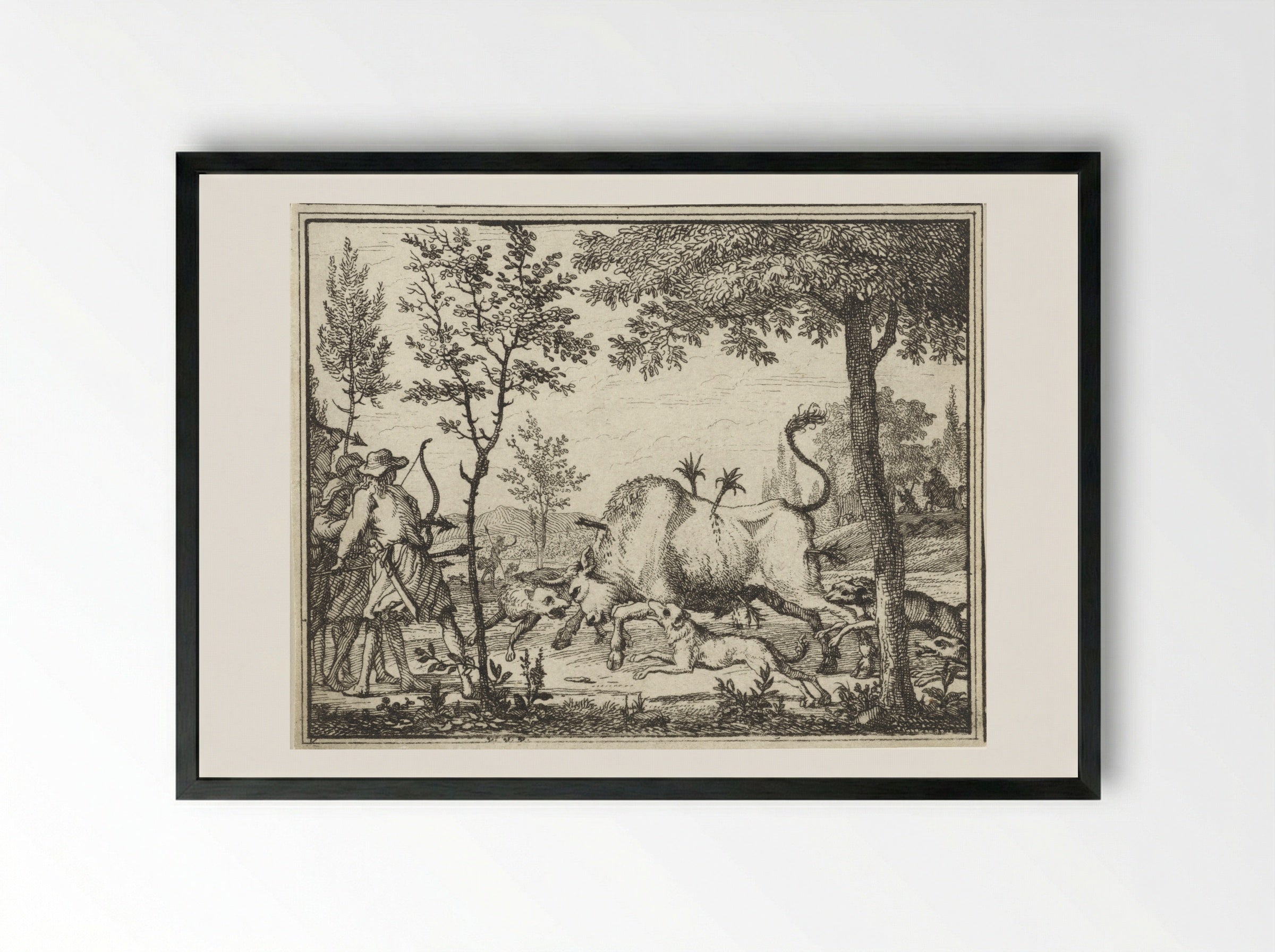 Hunters with Dogs Shooting Arrows at a Bull - Vincent Laurensz. van der Vinne (II) - Framed Print Black