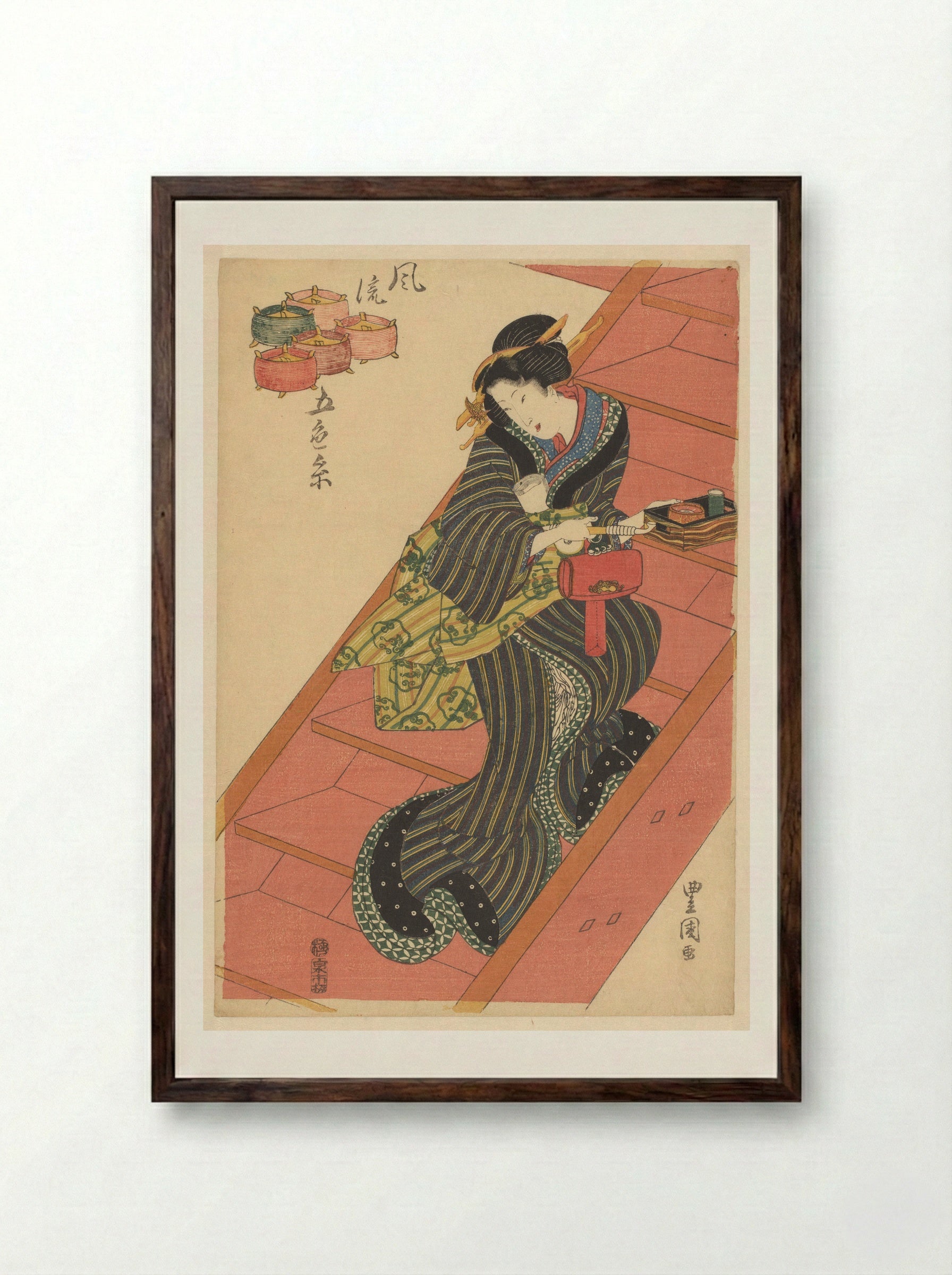 Courtesan on Stairs - Utagawa Toyokuni I - Framed Print Dark Wood