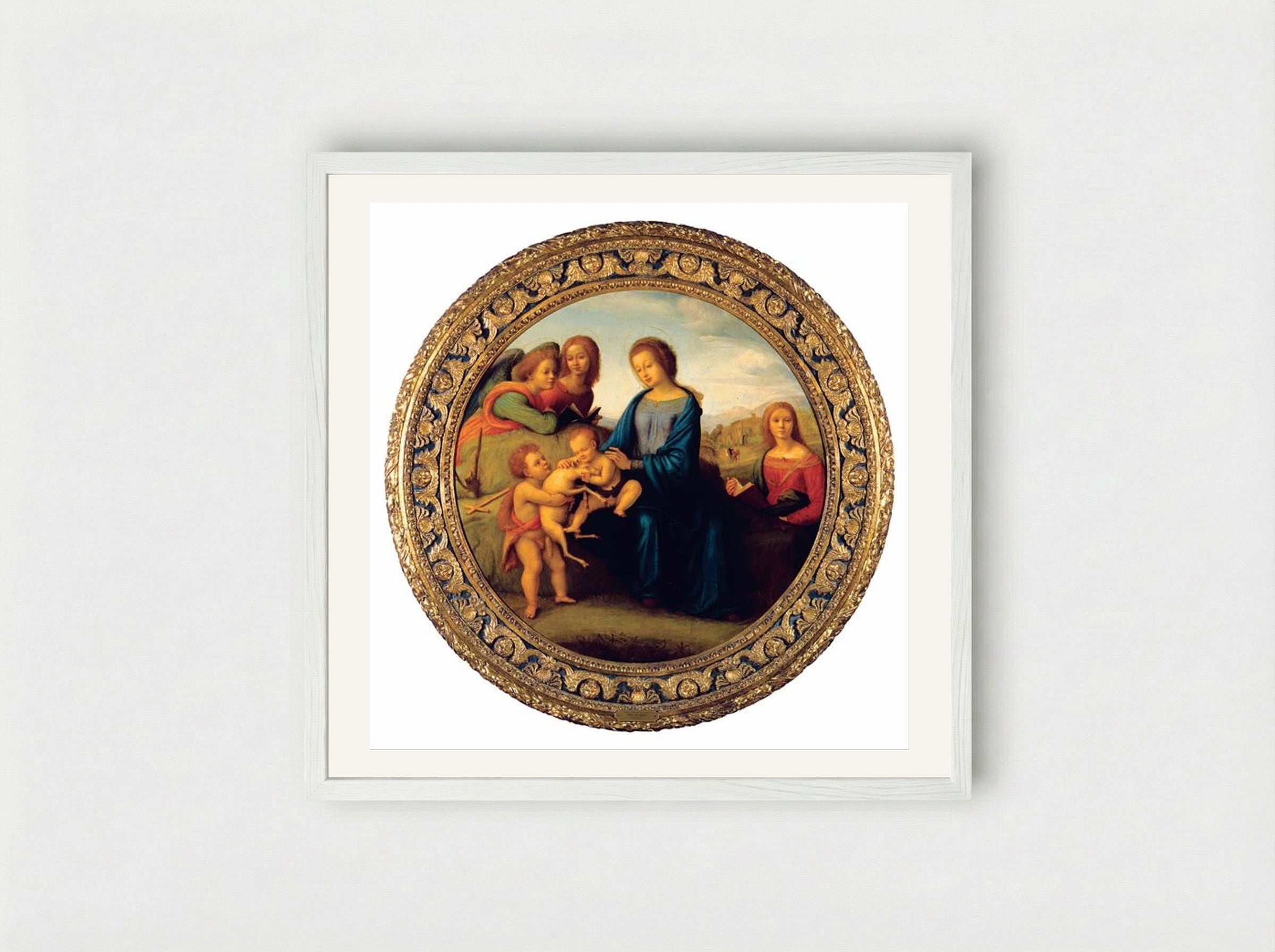 Madonna and Child with Saints and Angels - Piero di Cosimo - Framed Print White