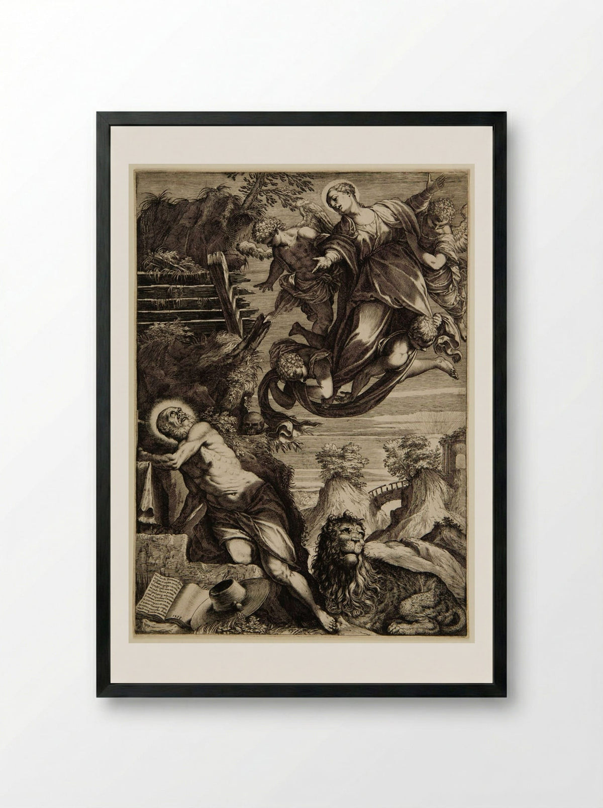 The Virgin Appearing to Saint Jerome - Agostino Carracci - Framed Print Black
