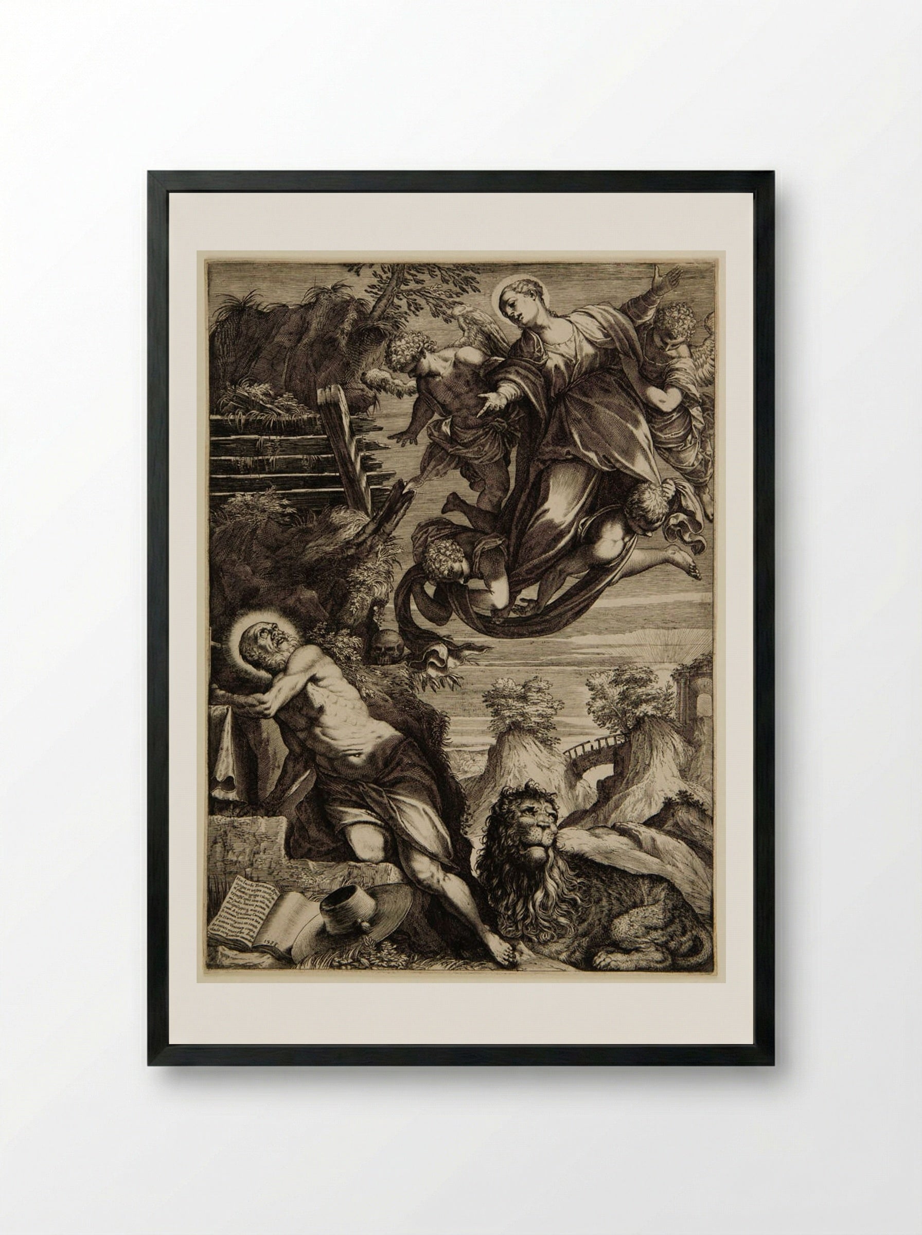 The Virgin Appearing to Saint Jerome - Agostino Carracci - Framed Print Black