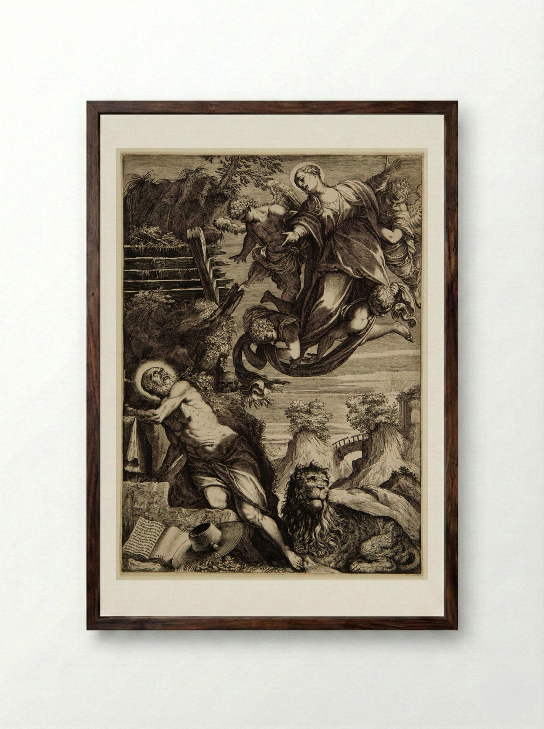The Virgin Appearing to Saint Jerome - Agostino Carracci - Framed Print Dark Wood