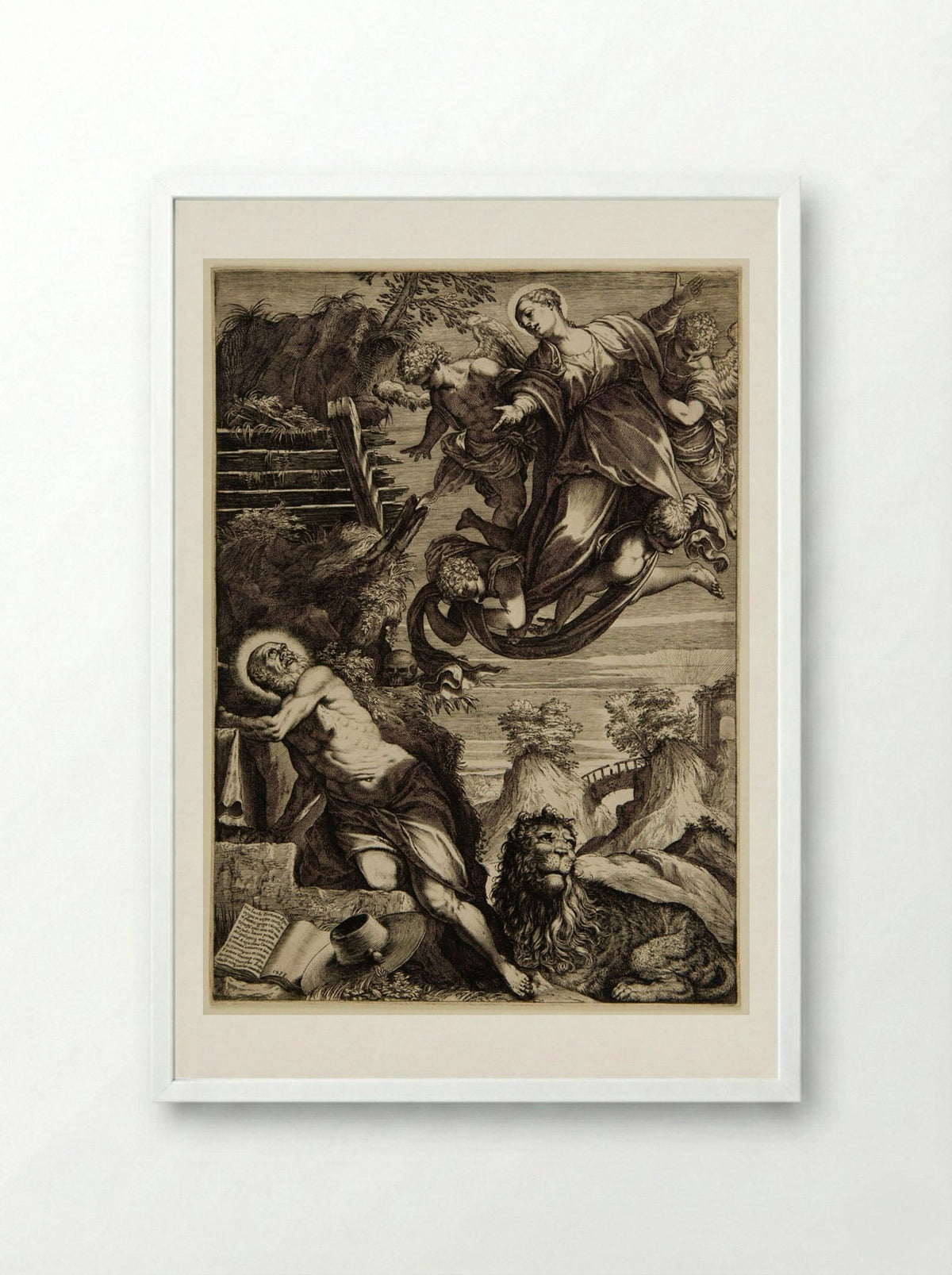 The Virgin Appearing to Saint Jerome - Agostino Carracci - Framed Print White