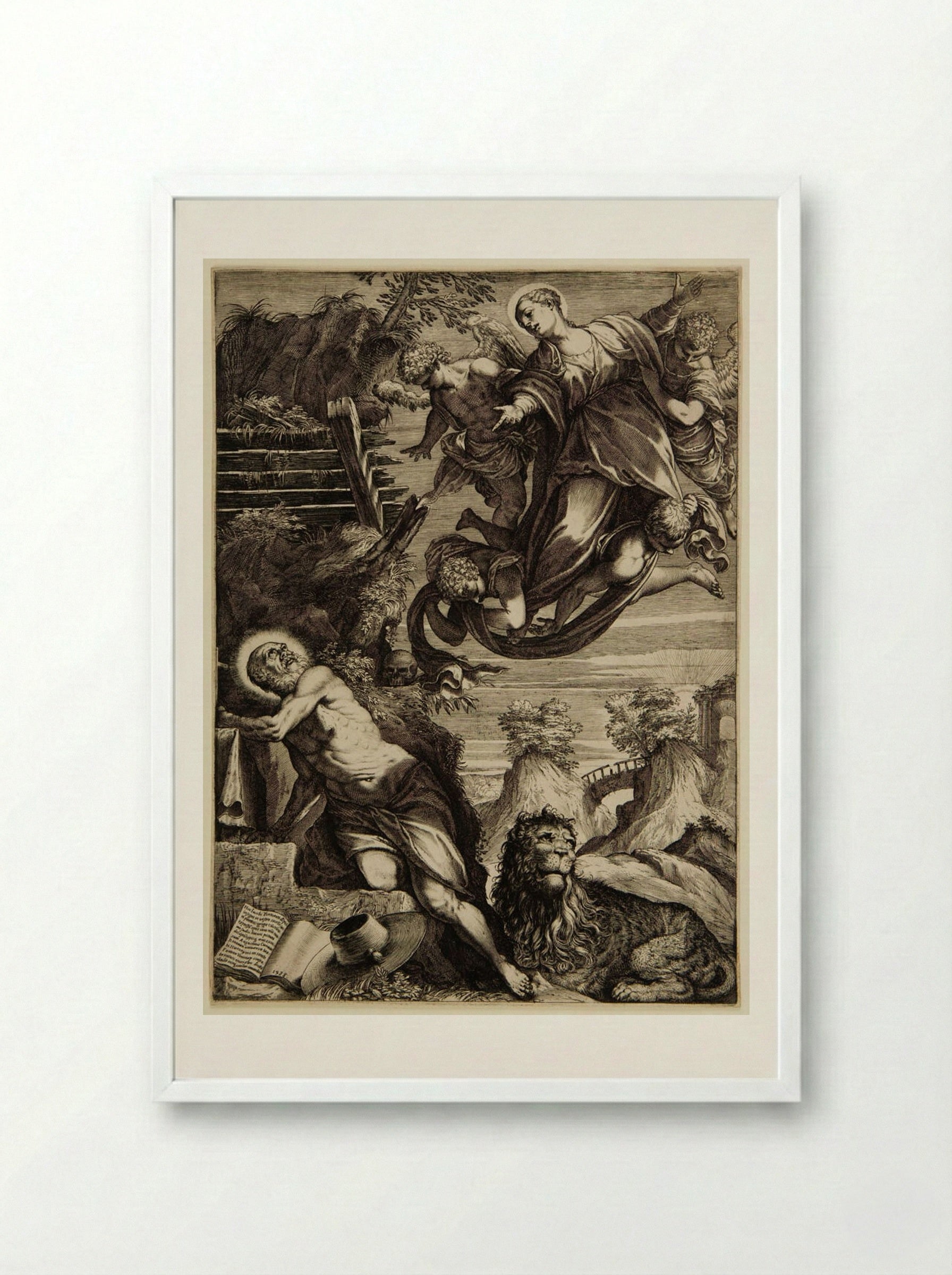 The Virgin Appearing to Saint Jerome - Agostino Carracci - Framed Print White
