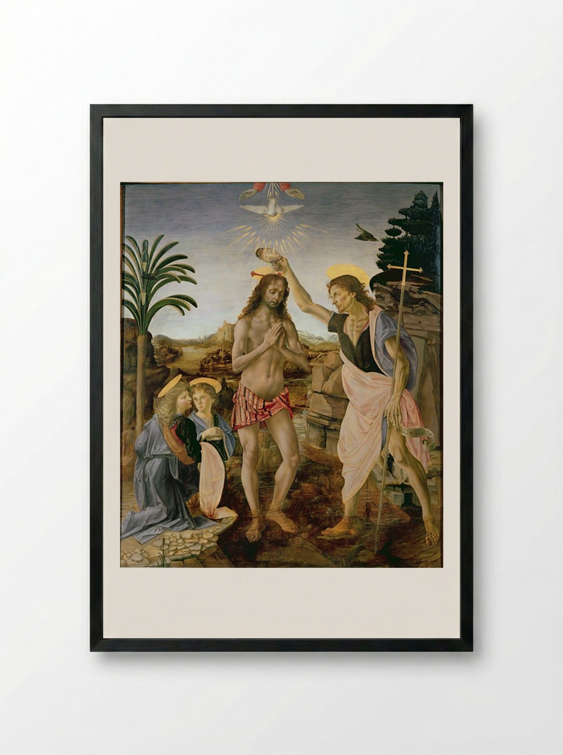 The Baptism of Christ - Andrea del Verrocchio and Leonardo da Vinci - Framed Print Black