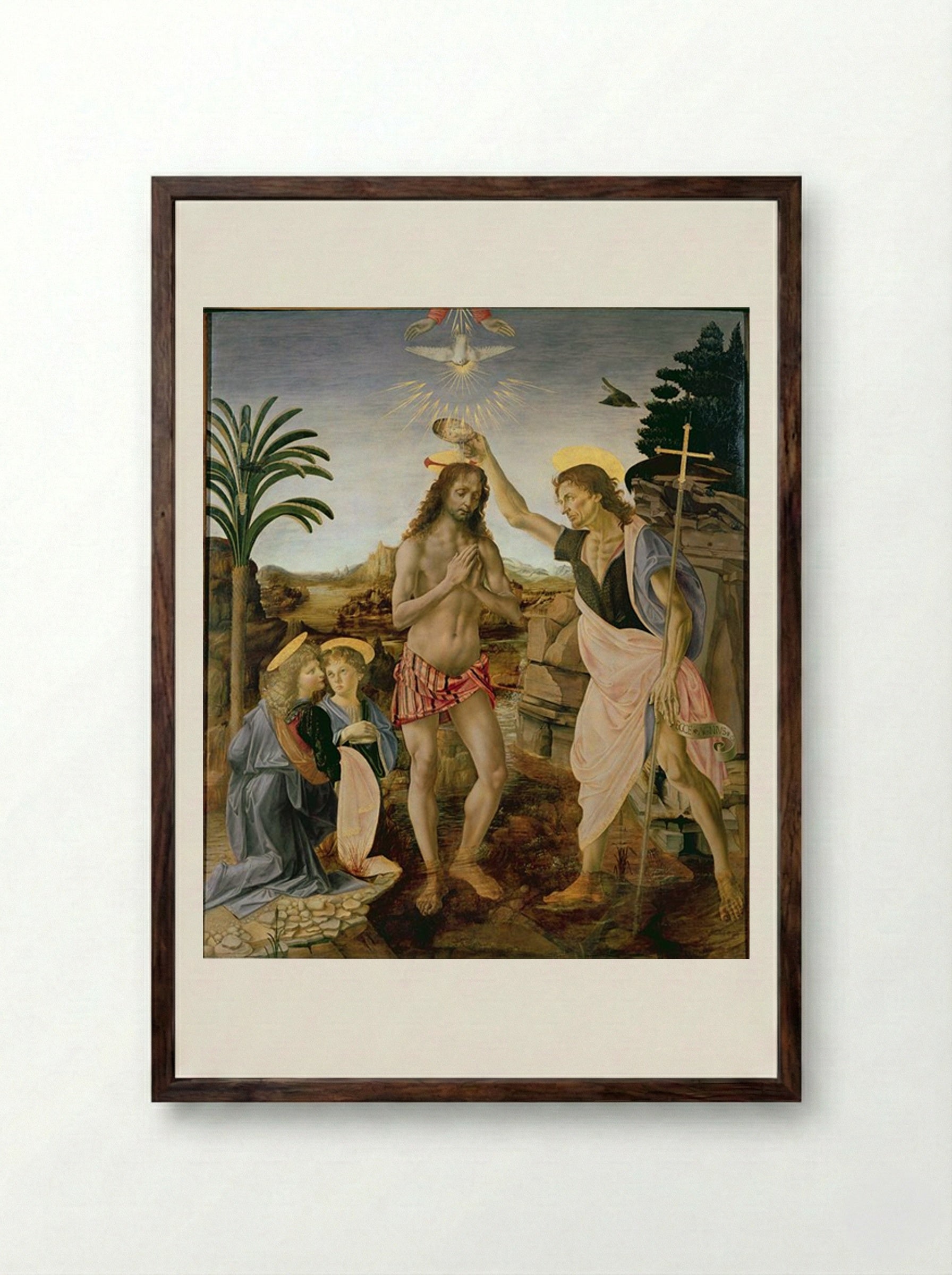 The Baptism of Christ - Andrea del Verrocchio and Leonardo da Vinci - Framed Print Dark Wood