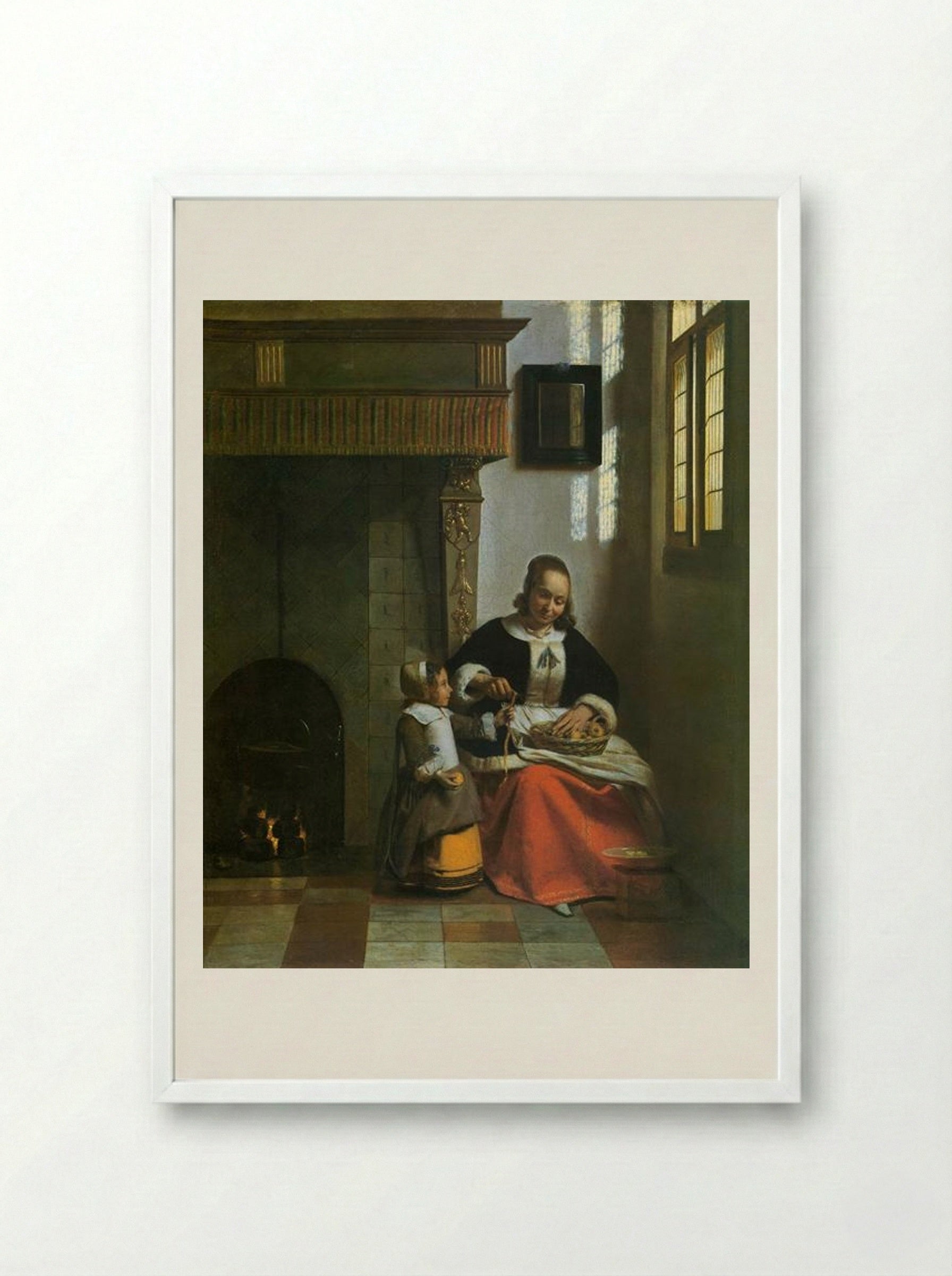 A Woman Peeling Apples - Pieter de Hooch - Framed Print White
