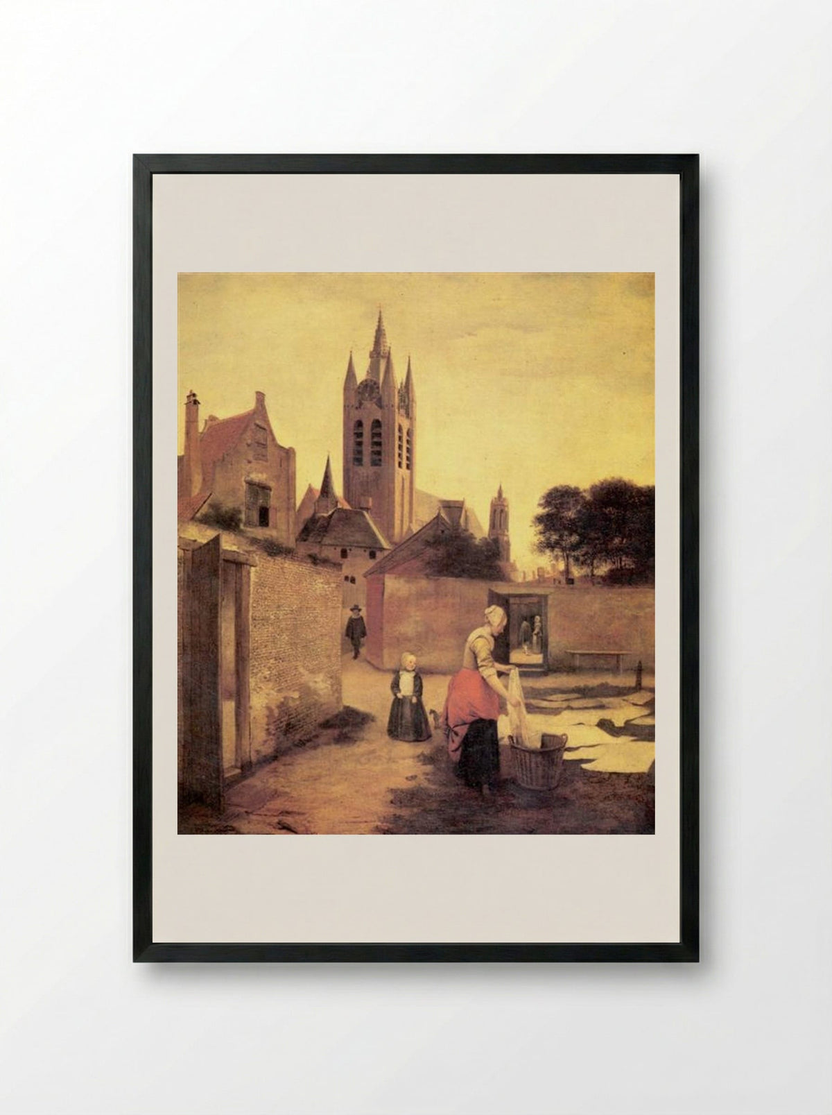 A Woman and a Child on a Bleichwiese - Pieter de Hooch - Framed Print Black