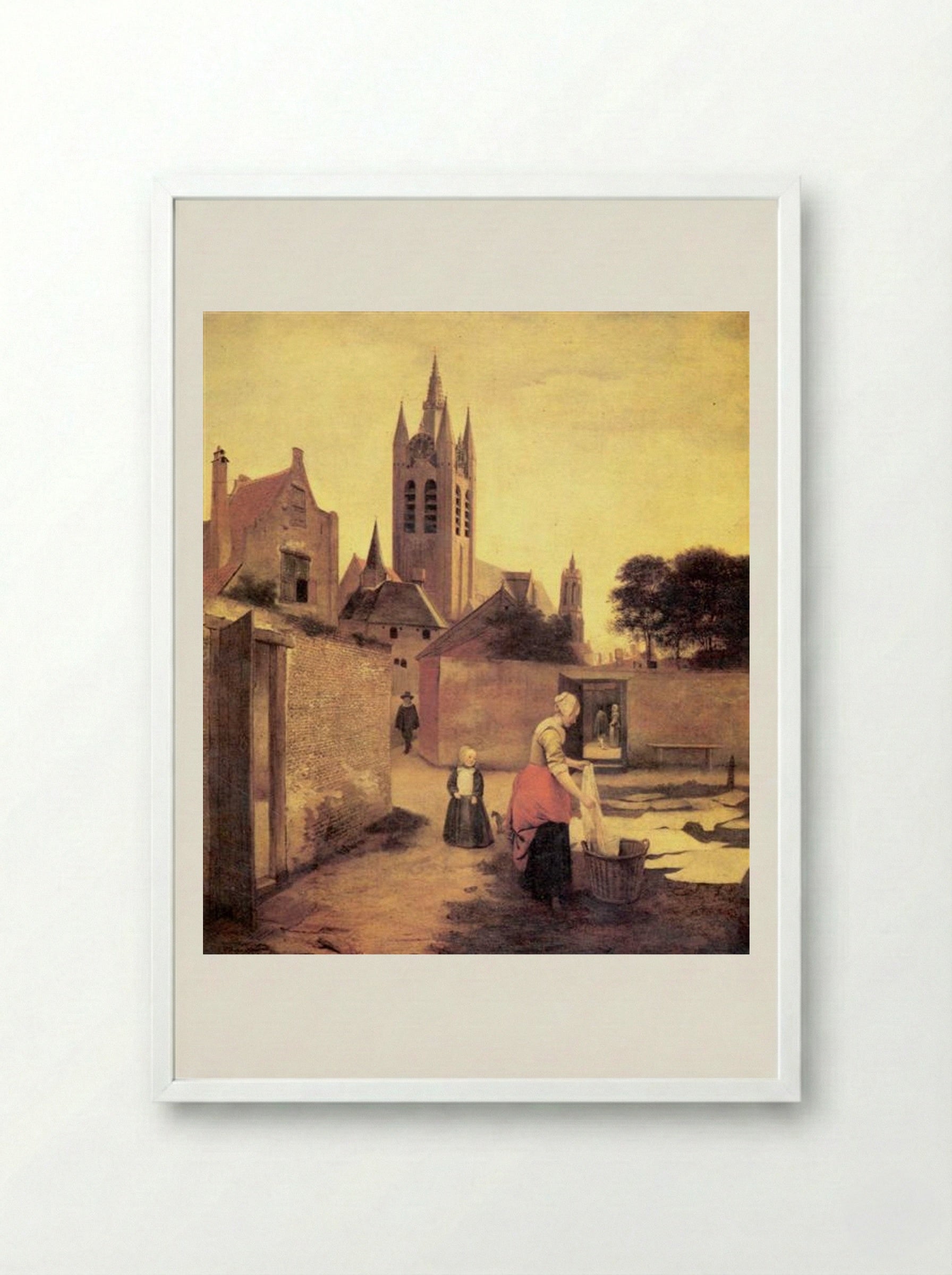 A Woman and a Child on a Bleichwiese - Pieter de Hooch - Framed Print White