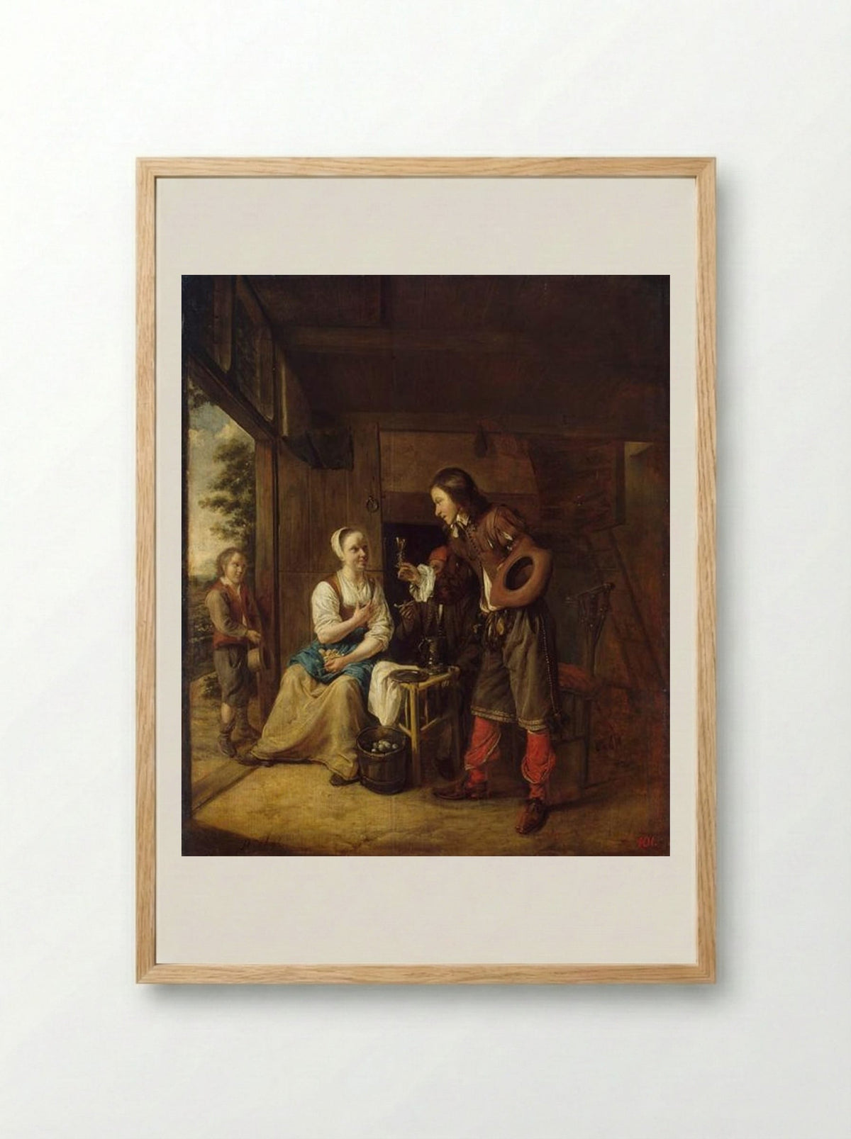Man Offering a Glass of Wine to a Woman - Pieter de Hooch - Framed Print Wood