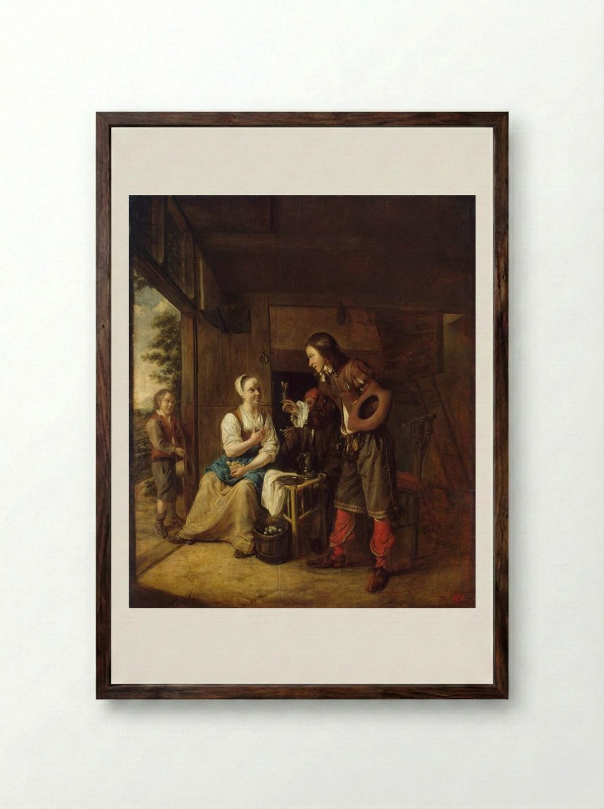 Man Offering a Glass of Wine to a Woman - Pieter de Hooch - Framed Print Dark Wood